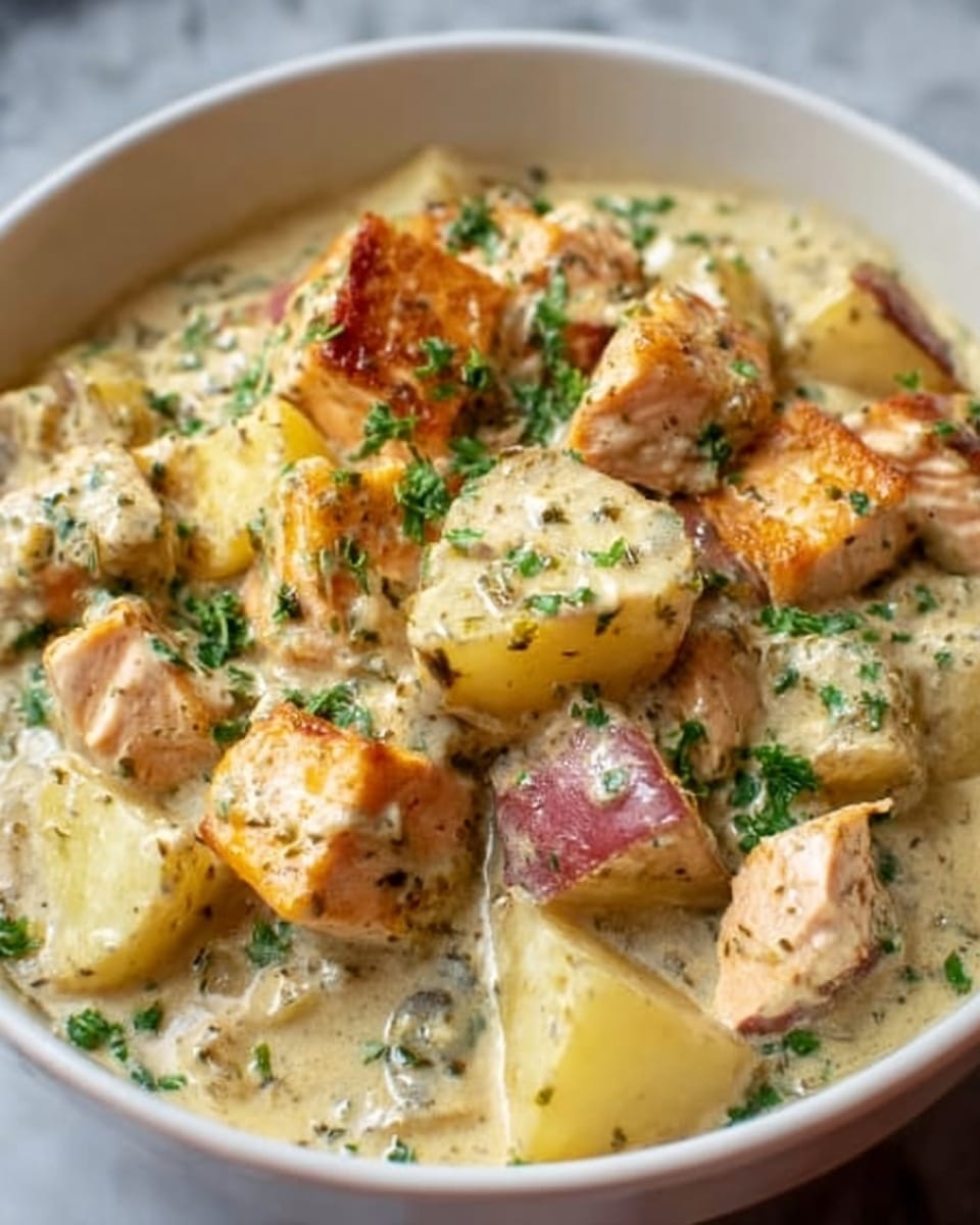 This image shows a white bowl filled with a creamy stew containing several layers. The bottom layer has large chunks of soft, cooked potatoes in shades of light yellow and pale red, mixed with some green herbs sprinkled on top. Above this, there are chunks of light brown salmon pieces with a slightly crispy outside. The creamy sauce coating everything is pale beige and smooth, with small green herbs scattered across the dish. The background is a white marbled texture. Photo taken with an iphone --ar 4:5 --v 7