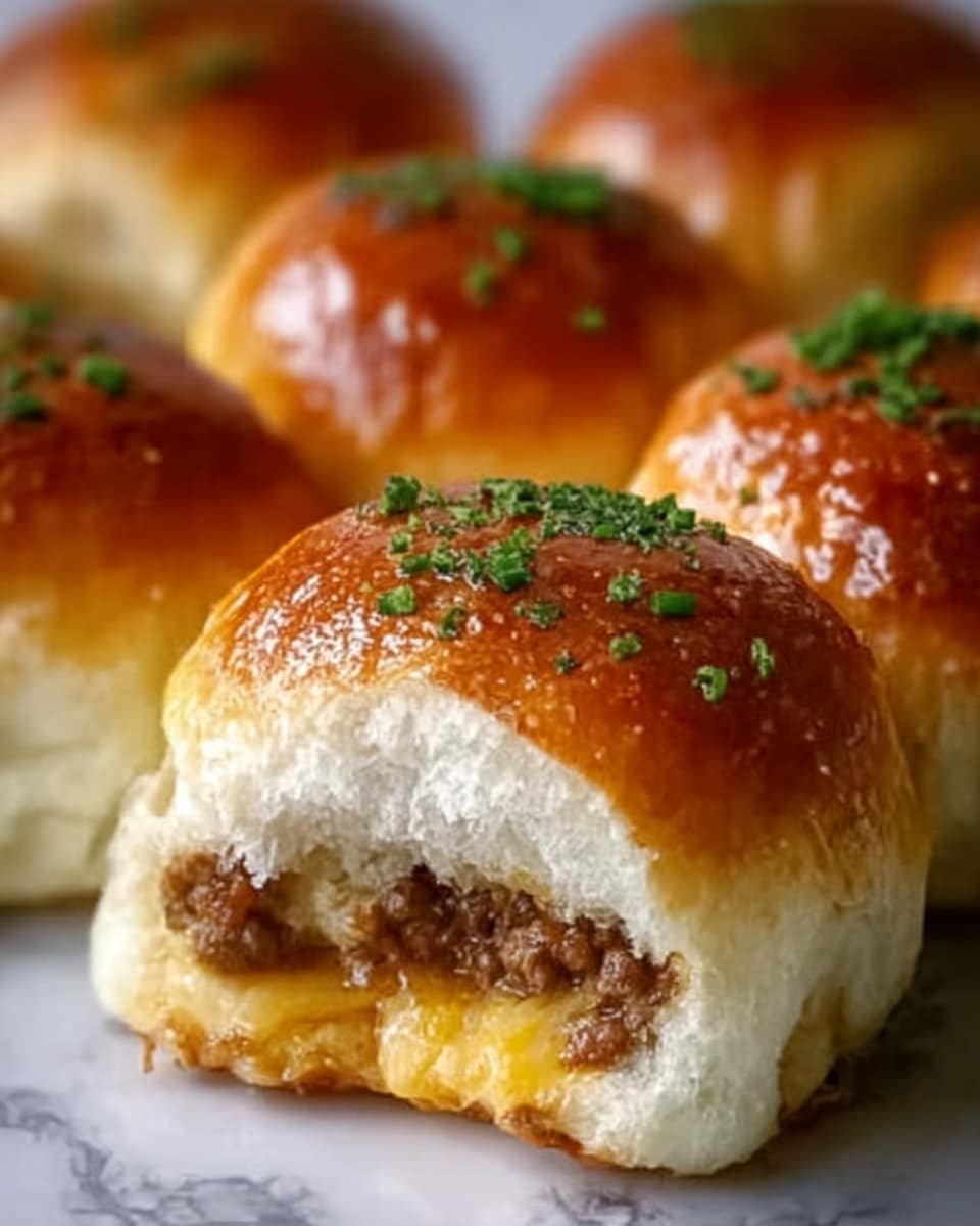 The image shows a close-up of a freshly baked bun with a shiny, golden-brown top sprinkled with small green herbs. The bun is slightly torn open at the front to reveal its soft white interior filled with melted yellow cheese and a thick layer of browned ground meat. The bun’s surface looks soft and fluffy with a light, smooth texture. The green herbs on top add a slight contrast to the warm, earthy colors of the bun and filling. The background is a white marbled texture, and the focus is on the front bun with the others softly blurred behind it. photo taken with an iphone --ar 4:5 --v 7