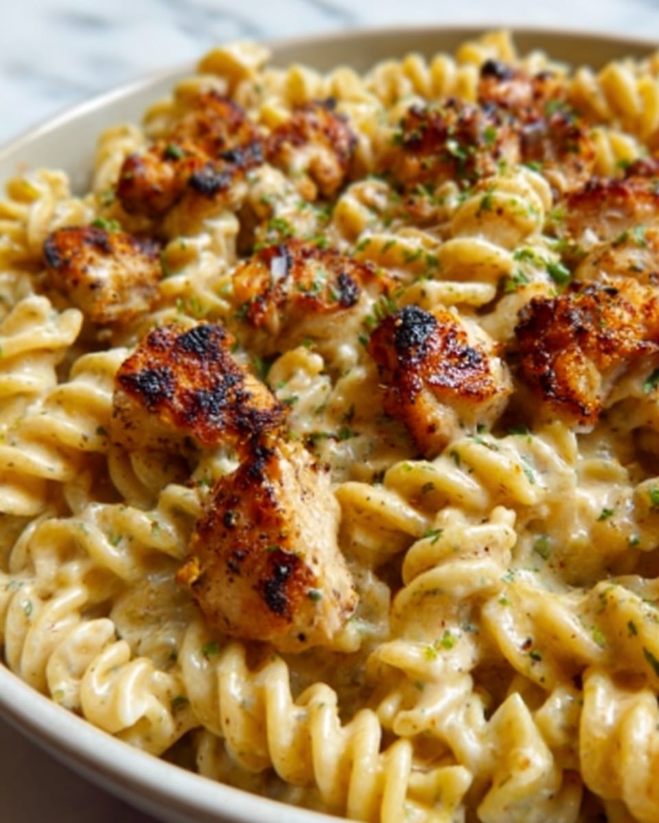 The image shows a close-up of a dish with twisted pasta spirals all around, creamy and pale yellow in color. Scattered on top and between the pasta are small to medium pieces of grilled chicken, golden brown with some charred spots and sprinkled with green herbs. The chicken pieces have a slightly rough texture contrasting with the smooth pasta. The whole dish sits on a white plate placed on a white marbled surface. photo taken with an iphone --ar 4:5 --v 7