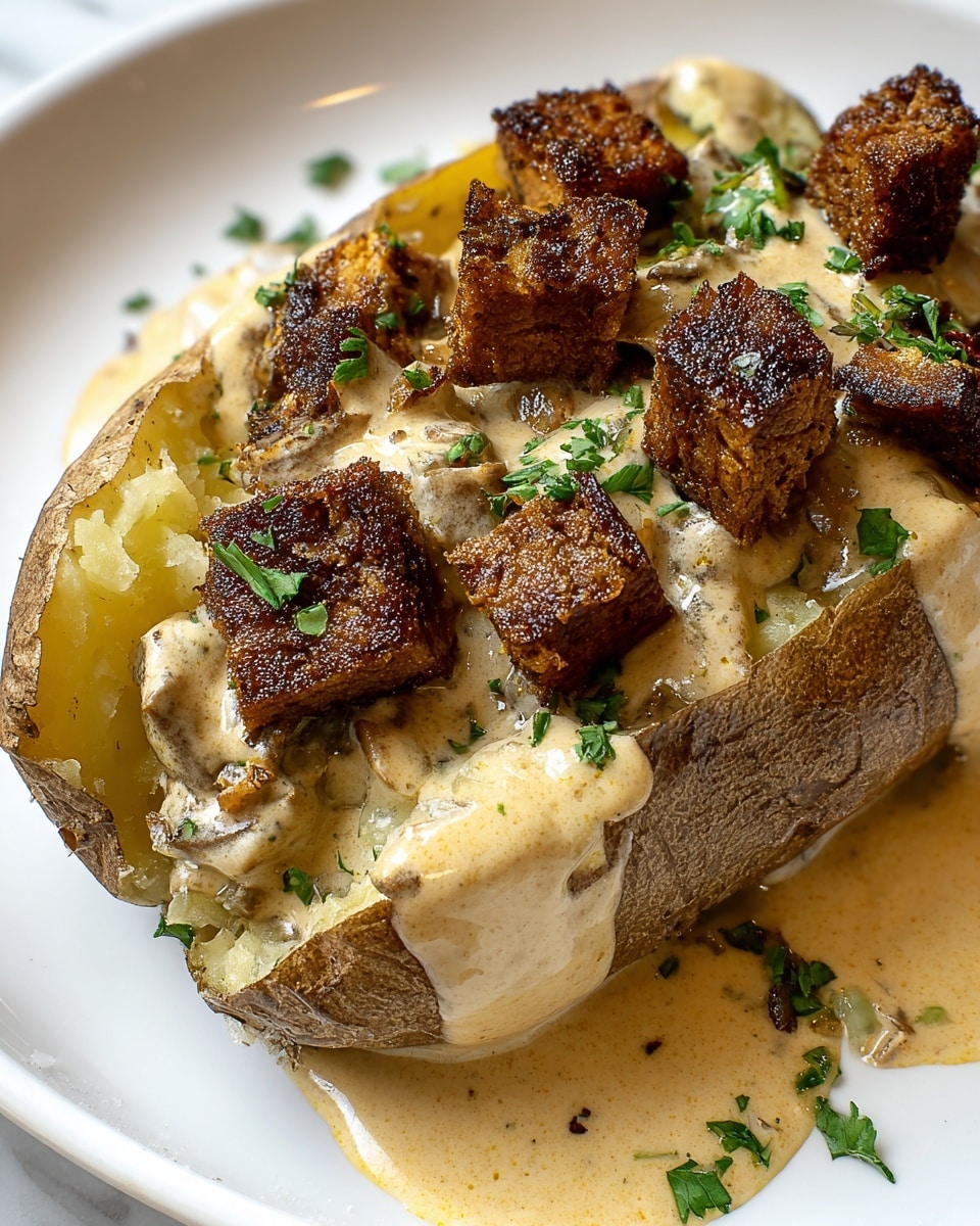 A white plate holds a baked potato split open with its soft, pale yellow inside showing under the brown, slightly crispy skin. On top, there are several dark brown crispy cubes that appear seared and textured, placed evenly across the potato. A light tan creamy sauce with specks of herbs covers the potato and cubes, dripping slightly onto the plate. Fresh green chopped parsley is sprinkled over the dish, adding a touch of color contrast. The plate rests on a white marbled surface. photo taken with an iphone --ar 4:5 --v 7