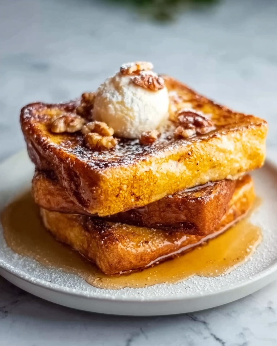 The image shows two thick slices of French toast stacked on a white plate. The bottom slice is golden brown with a soft texture, while the top slice is similarly golden and slightly crispy on the edges. On top of the stack, there is a scoop of melting butter, creamy and white, with small chunks of walnuts scattered around it. A light drizzle of syrup covers the toast, giving it a shiny appearance, and a small dusting of powdered sugar adds a delicate, snowy touch. The plate sits on a white marbled surface, and the photo is taken with an iphone --ar 4:5 --v 7