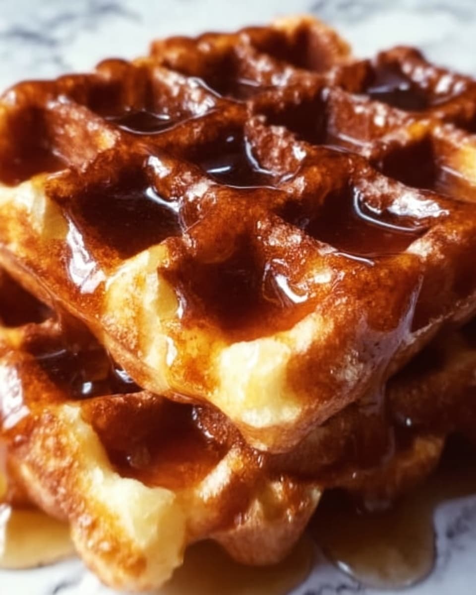 The image shows a close-up of two golden-brown waffles stacked on top of each other with a shiny layer of syrup dripping down the sides. The waffles have a crispy texture with small squares that catch the syrup beautifully. The background is a white marbled texture, adding elegance to the scene. The photo was taken with an iphone --ar 4:5 --v 7