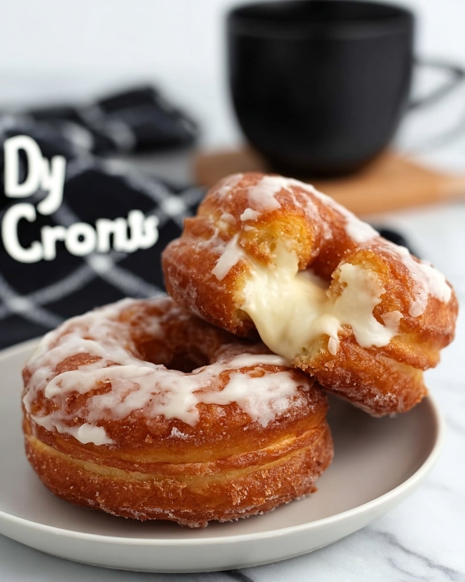 The image shows two golden brown cronuts with a thick white icing glaze on top, placed on a smooth white plate. Each cronut has visible layers with a slightly crispy outer texture and a soft, fluffy inside. One cronut is angled to show a creamy white filling oozing out from the middle layer, while the other rests behind it, stacked just slightly on its side. The plate sits on a white marbled surface, and in the background there is a black cup and a black and white checkered cloth. Photo taken with an iphone --ar 4:5 --v 7
