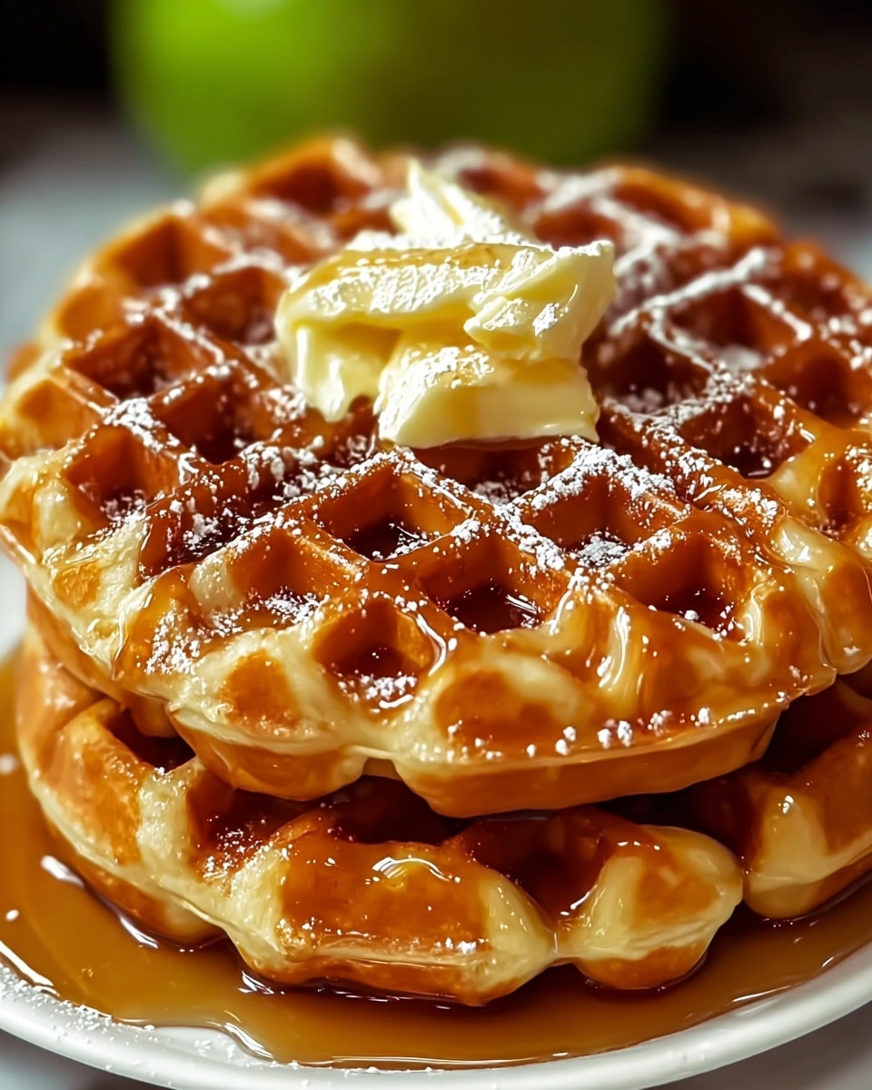 A stack of two golden brown waffles with a crisp texture is placed on a white plate. The top waffle is generously covered with shiny amber syrup that fills the waffle pockets and drips slightly down the edges, creating a glossy, sticky look. At the center of the top waffle, there is a small pile of light yellow butter pats melting slowly, giving a soft, creamy contrast. Small sprinkles of white powdered sugar are dusted lightly over the top waffle, adding a delicate touch to its textured surface. The background shows a soft green blur creating a warm, inviting mood on a white marbled texture. photo taken with an iphone --ar 4:5 --v 7