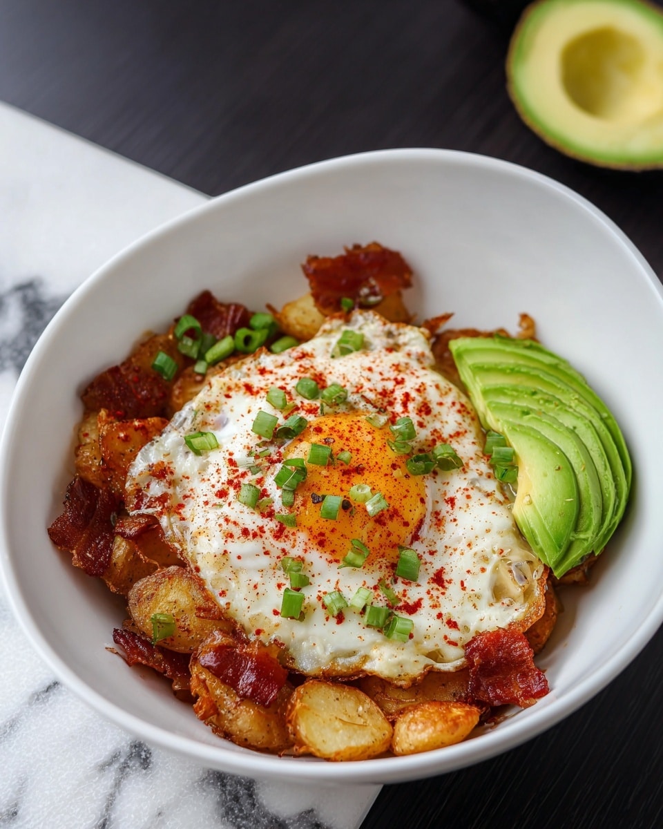 The dish is served in a white bowl on a white marbled surface, with a layer of golden-brown crispy potato rounds at the bottom. On top of this base, there are small pieces of reddish-brown crispy bacon mixed with some caramelized onions. A fried egg with crispy, browned edges and a white cooked center, sprinkled with red chili flakes and black pepper, sits on the center of the potatoes and bacon. The egg is garnished with chopped green onions. On one side of the bowl, there are two slices of bright green, smooth avocado. In the background, a halved avocado with seed is visible. Photo taken with an iphone --ar 4:5 --v 7