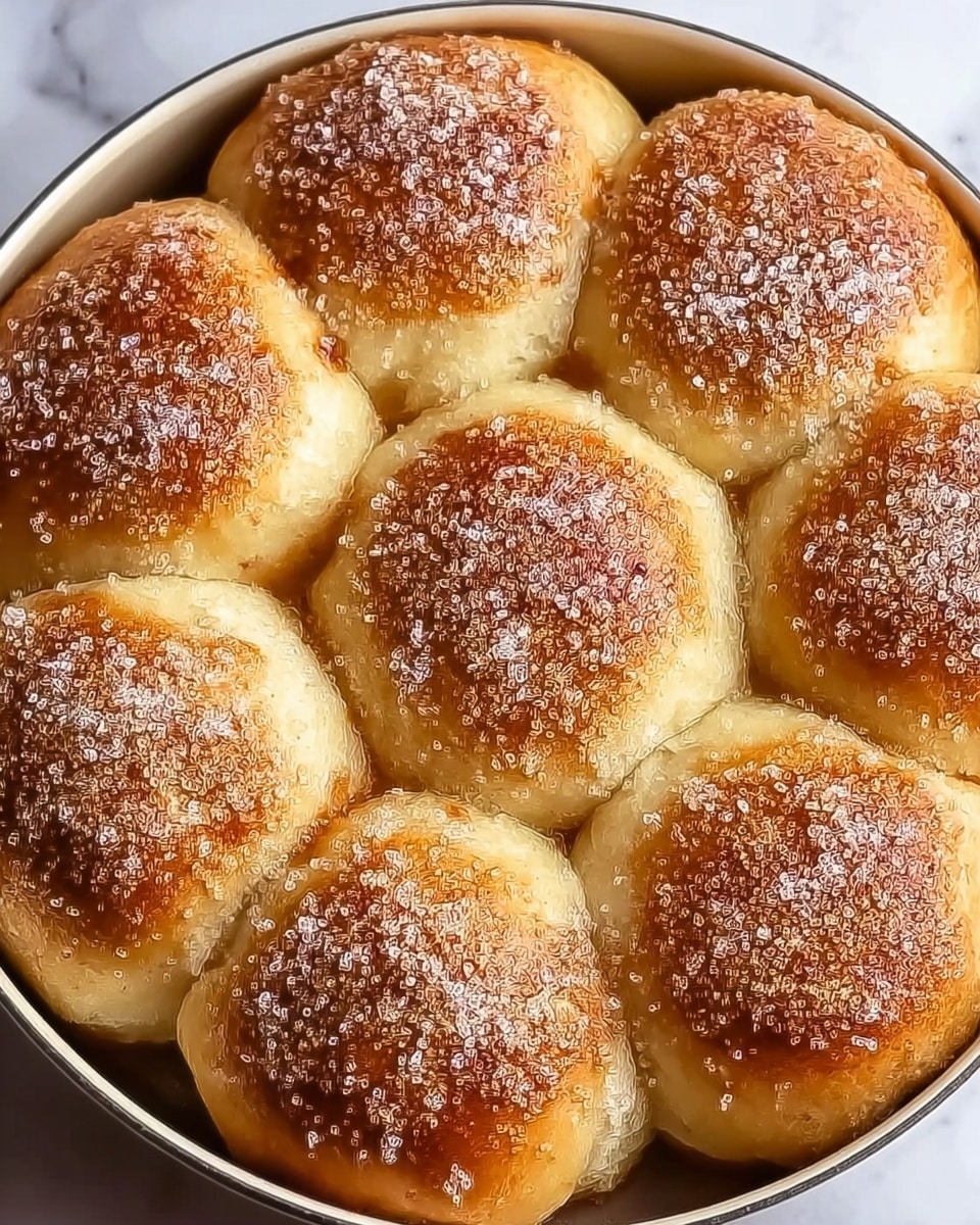 A round pan filled with nine golden brown dinner rolls arranged closely in a 3 by 3 pattern, each roll showing a soft, slightly shiny top sprinkled evenly with fine white sugar. The rolls have a light, fluffy texture with smooth surfaces, and their edges touch each other, creating a cluster. The pan is round and lined with white, and the background has a white marbled texture. Photo taken with an iphone --ar 4:5 --v 7