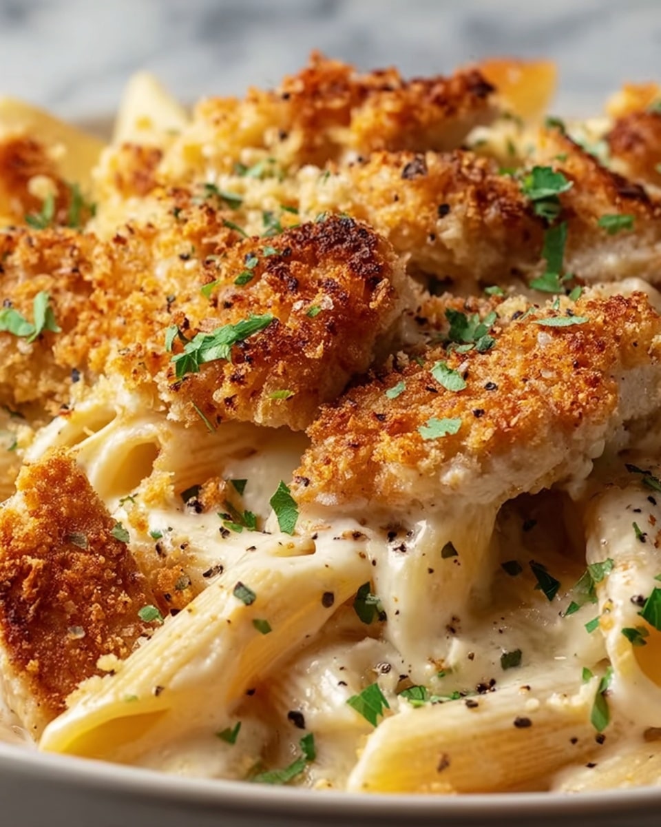 The close-up image shows a creamy baked pasta dish with penne pasta covered in a smooth, white cheese sauce. On top, there are golden-brown crispy crumbs adding a crunchy texture, scattered evenly over pieces of baked chicken. Small green parsley bits are sprinkled on the surface, along with a light dusting of ground black pepper, all resting on a white marbled texture background. Photo taken with an iphone --ar 4:5 --v 7