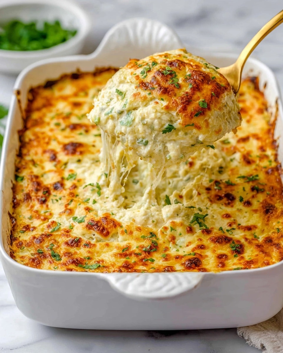 A golden-brown cheesy casserole with a bubbly, slightly crispy top layer sprinkled with small bits of green herbs is shown in a white rectangular baking dish. The top layer is thick and melted cheese with browned spots, covering a thick, creamy, light yellow base mixed with bits of green vegetables and herbs, creating a textured and soft filling. A golden spoon lifts a large scoop from the dish, showing the gooey cheese stretching slightly. The dish sits on a white marbled surface with a blurred white bowl of green leafy garnish in the background. Photo taken with an iphone --ar 4:5 --v 7