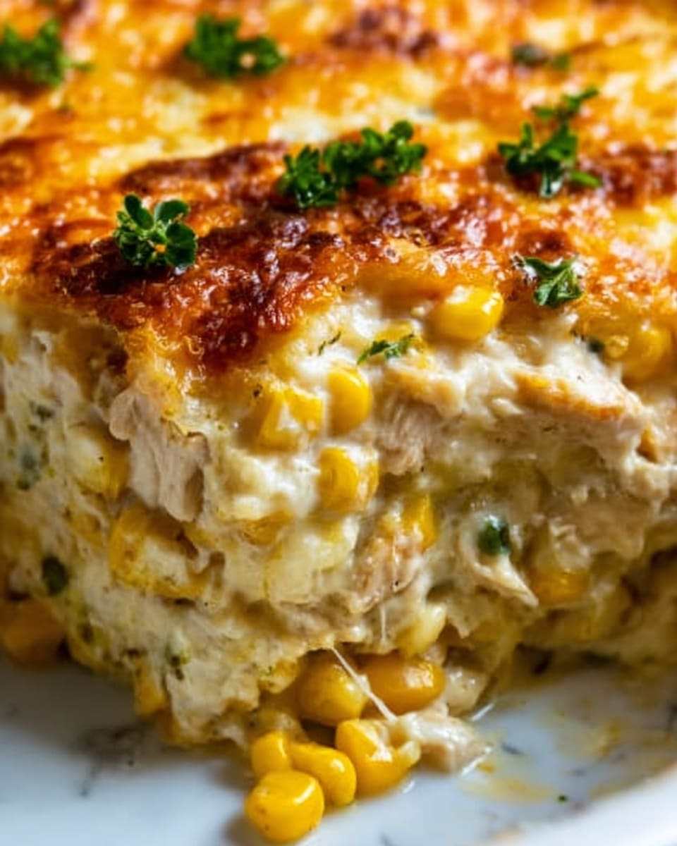 The image shows a close-up of a baked dish, likely a cheesy corn casserole, with a golden brown melted cheese top that has a slightly crispy texture. Beneath the cheese layer, you can see chunks of yellow corn mixed evenly with a creamy, slightly lumpy white base, possibly made of cream or a cheese blend. Small green parsley leaves are sprinkled on top, adding a touch of color contrast against the warm yellows and golden tones. The dish fills a white plate, placed on a white marbled surface, capturing the warm and comforting feel of a homemade meal. Photo taken with an iphone --ar 4:5 --v 7