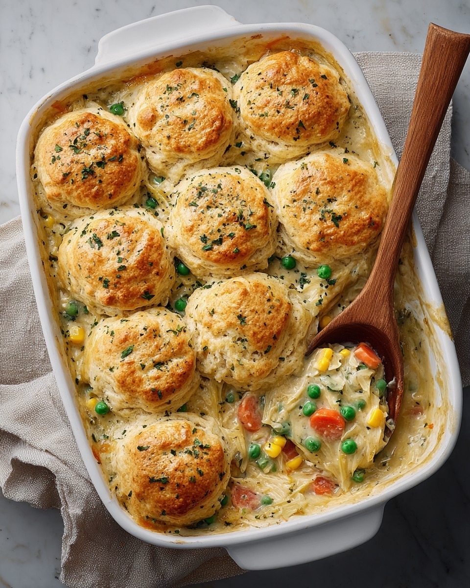 A white baking dish holds a chicken and vegetable pot pie topped with seven golden-brown biscuit layers, each biscuit lightly sprinkled with fresh green herbs and black pepper. Below the biscuits, a creamy mixture of shredded chicken, bright orange carrot slices, yellow corn kernels, and green peas creates a colorful base. A wooden spoon rests inside the dish on the creamy mixture at the bottom right, partially scooping some filling. The dish is placed on a white marbled surface with a folded beige linen cloth partly under the baking dish on the left side. Photo taken with an iphone --ar 4:5 --v 7