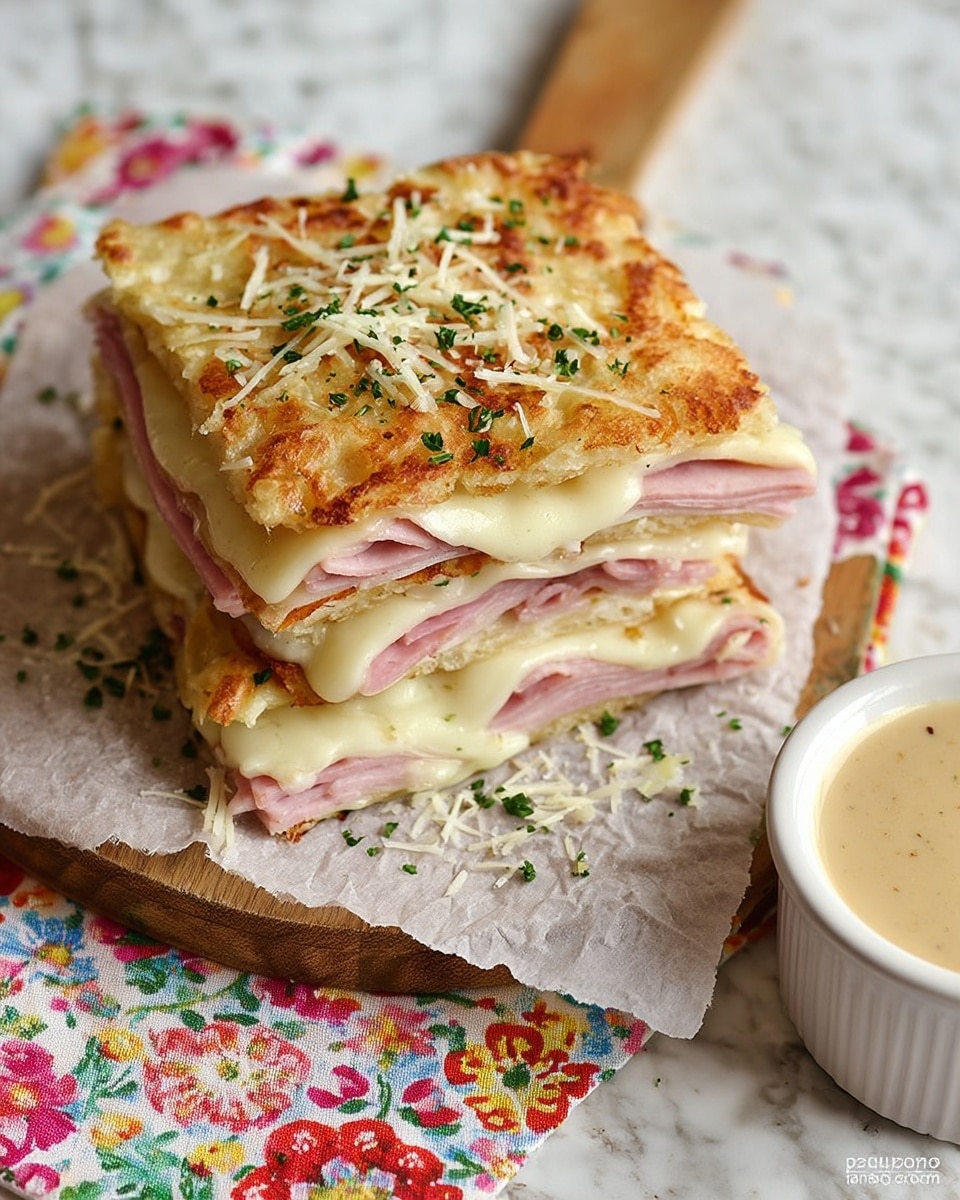 The image shows a thick sandwich cut in half with layers clearly visible: a toasted golden-brown flatbread on top, with grated cheese and chopped green herbs sprinkled over it. Below the bread, there are slices of pink ham, melted white cheese, and another layer of flatbread at the bottom. Cheese and herbs are also scattered around the sandwich on white parchment paper over a wooden board. Next to the sandwich, there is a small white bowl filled with creamy, light yellow sauce. The background is a white marbled surface with a colorful floral cloth partially visible underneath. Photo taken with an iphone --ar 4:5 --v 7