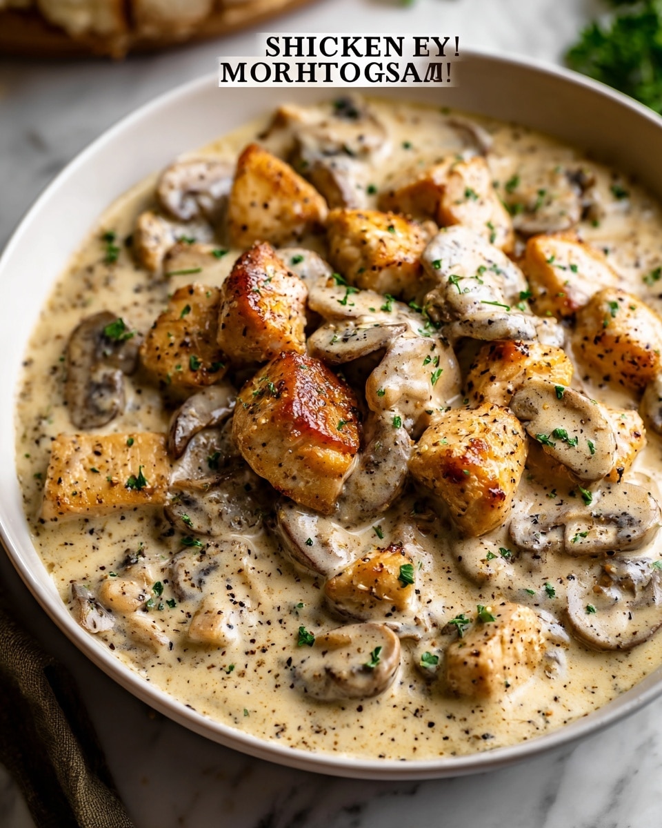 A close-up view of chicken mushroom stroganoff served in a white bowl. The dish has several layers: the base is creamy light beige sauce with a smooth texture, scattered with small green parsley bits. On top, there are golden brown seared chicken pieces showing a slightly crispy surface and tender white inside. Mixed throughout are slices of cooked mushrooms with a darker, soft appearance blending into the sauce. The whole dish looks rich and creamy with fresh herb garnishes on top. The scene is set on a white marbled surface. Photo taken with an iphone --ar 4:5 --v 7