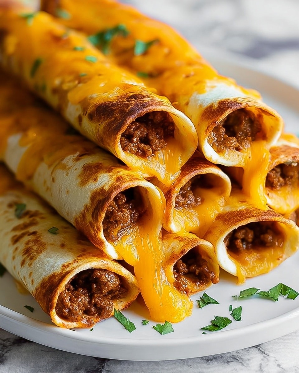 The dish shows five rolled tortillas on a white plate, each filled with a thick layer of cooked ground meat that is dark brown with some juicy texture. Melted bright orange cheddar cheese covers the outside of the tortillas, stretching and oozing out from the open ends. Small green herb pieces are sprinkled on top and around the rolls for a fresh touch. The tortillas themselves are pale with a slightly crisp and golden-brown finish in places. The background is a soft blur, with a white marbled surface beneath the plate. photo taken with an iphone --ar 4:5 --v 7