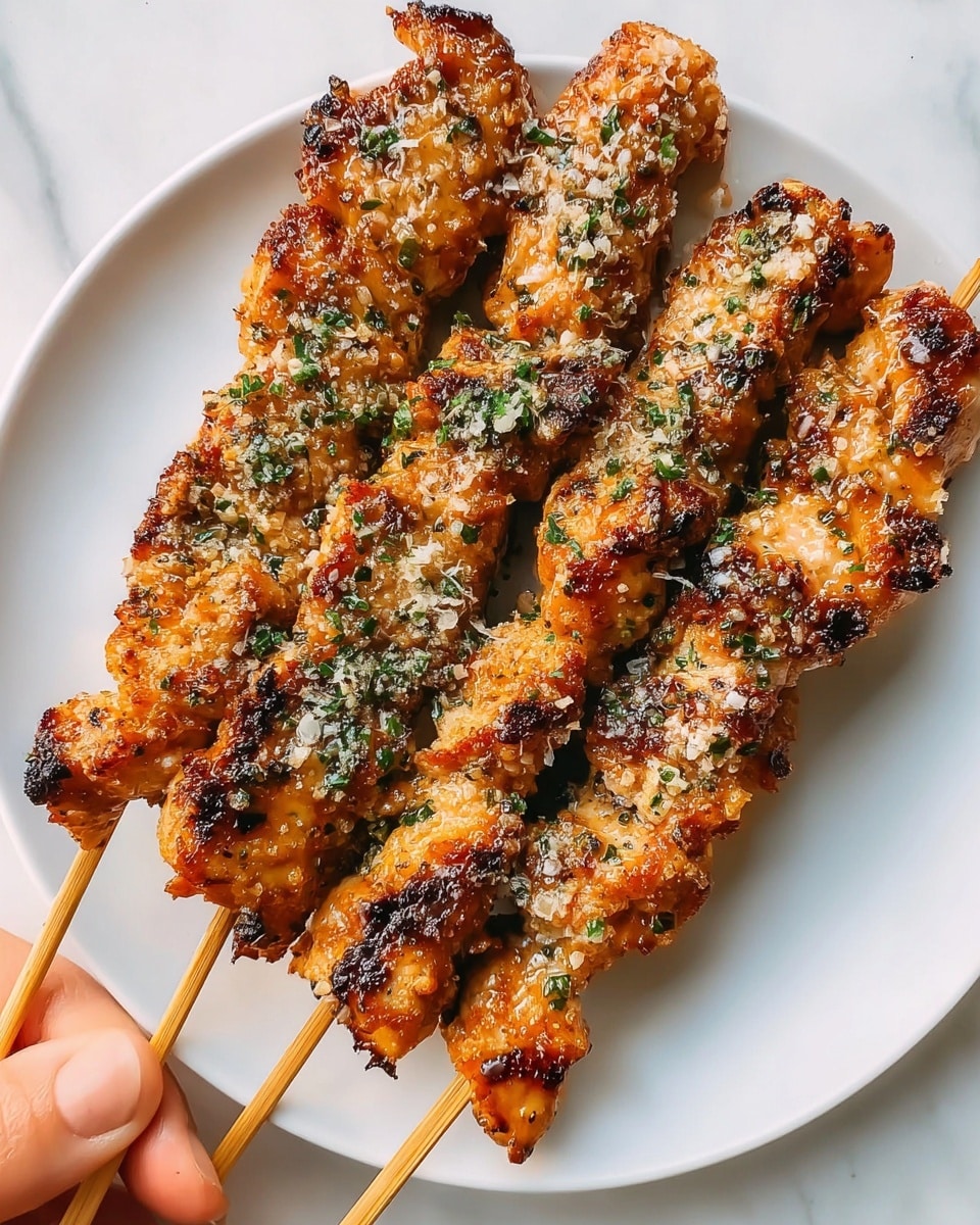 Four grilled chicken skewers covered with golden brown crispy coating and sprinkled with small green herb pieces and white grated cheese sit on a white plate. The chicken pieces on wooden sticks show some charred edges and glistening glaze, giving a juicy texture. A woman's hand holds the sticks at the bottom left corner, with a white marbled textured background visible. Photo taken with an iphone --ar 4:5 --v 7