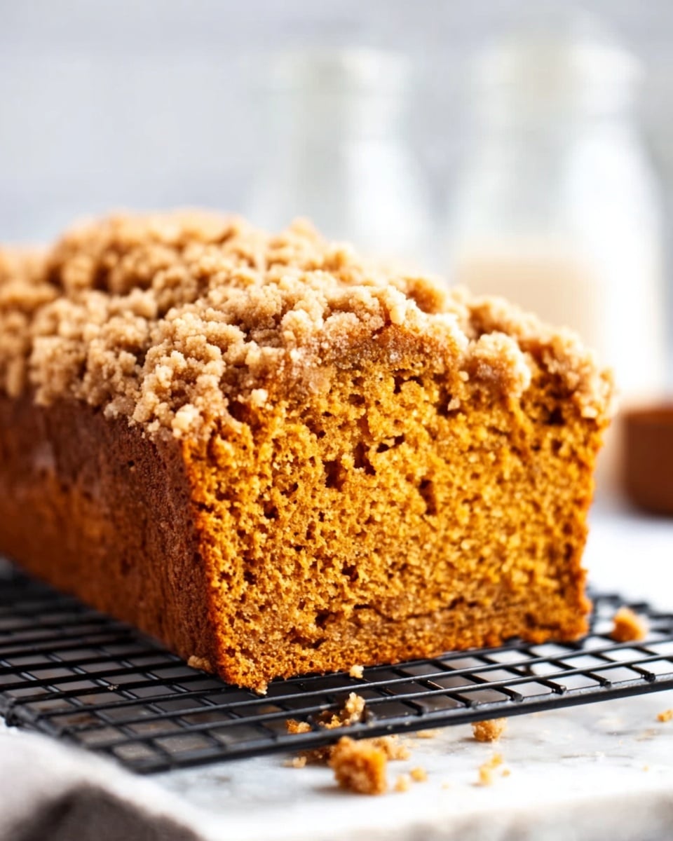 This image shows a loaf of pumpkin bread with a crumbly streusel topping. The bread has a soft, dense texture with a warm orange-brown color, and the streusel on top is light brown with a rough, crunchy texture. The loaf is sitting on a metal cooling rack placed on a white marbled surface. The background is softly blurred, showing two clear glasses of milk. The lighting highlights the moist inside of the bread and the texture of the crumbly topping. photo taken with an iphone --ar 4:5 --v 7