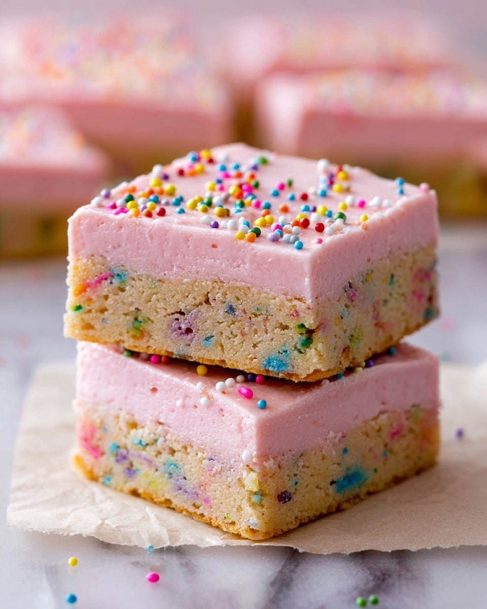 The image shows two stacked square dessert bars with two layers each, placed on a piece of parchment paper over a white marbled surface. The bottom layer is a thick, dense cookie base speckled with colorful sprinkles embedded inside, showing tones of yellow and rainbow colors. The top layer is a fluffy, thick light pink frosting with a smooth texture, decorated with small round colorful sprinkles on top. In the background, more pieces of the same dessert are slightly blurred on a white plate. Photo taken with an iphone --ar 4:5 --v 7