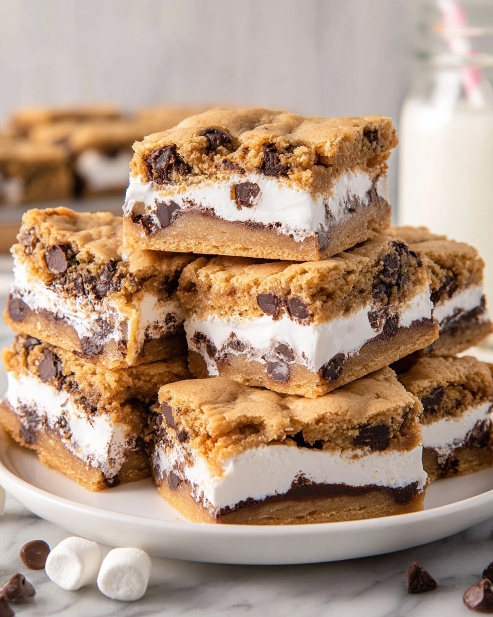 A white plate holds a stack of five thick square sandwich bars, each with three visible layers: the top and bottom layers are golden brown cookie dough with dark chocolate chips embedded, while the middle layer is fluffy white marshmallow cream, slightly oozing out between the cookie layers. The cookie layers have a soft, chewy texture with some visible cracks and melty chocolate spots. The scene is set on a white marbled surface with a blurred background that includes a glass jar of milk. photo taken with an iphone --ar 4:5 --v 7