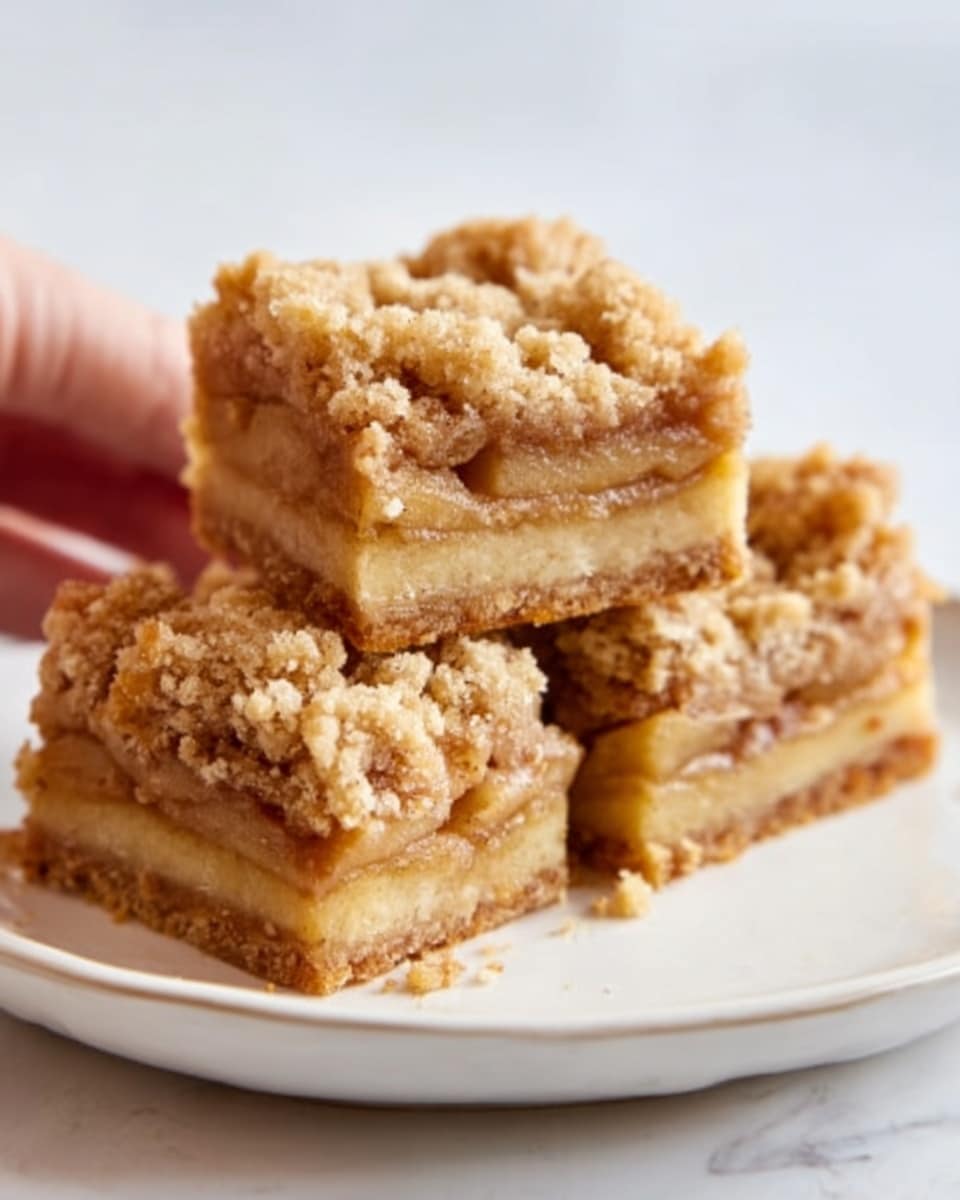 Three square apple crumble bars are placed close together on a white plate. Each bar has three visible layers: a light golden crust at the bottom, a middle layer of soft, thinly sliced apple pieces with a slightly yellow and translucent look, and a thick, crumbly golden-brown topping made of streusel. The bars show a rough texture on top from the crumble and look moist and juicy in the middle apple layer. The plate rests on a white marbled surface. Photo taken with an iphone --ar 4:5 --v 7