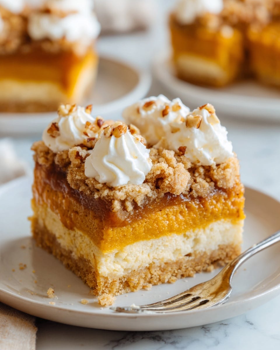 The image shows a close-up slice of a layered pumpkin dessert on a white plate with a thin dark rim, placed on a white marbled surface. The bottom layer is a golden brown crust, topped by a thick, smooth orange pumpkin filling. Above that is a layer of crumbly streusel with small pieces of pecans for texture. On top, there are two small dollops of light-colored whipped cream as garnish. A silver fork rests on the plate next to the slice, and in the blurred background, more pieces of the same dessert are visible on another white plate. Photo taken with an iphone --ar 4:5 --v 7