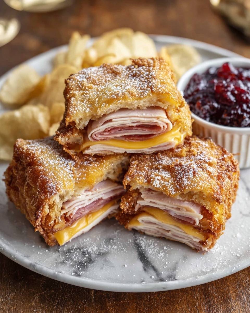 The image shows three deep-fried sandwich pieces served on a white plate. Each sandwich has a golden-brown, crispy outer layer with sugar sprinkled on top. One piece is whole, and two are cut in half to show the layers inside. The inner layers include thin slices of pink ham, pale beige turkey, melted yellow-orange cheese, and some light-colored breading or batter. The plate is also lined with pale yellow potato chips. In the background, there is a small white bowl filled with dark red jam. All items are placed on a white marbled surface. Photo taken with an iphone --ar 4:5 --v 7
