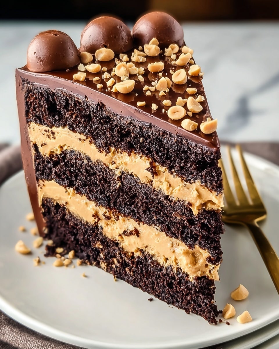 A close-up of a three-layer cake slice with alternating dark chocolate cake layers and light brown creamy filling layers, topped with a thick, smooth layer of glossy chocolate frosting. The cake is decorated with small rounded dollops of chocolate frosting and sprinkled with chopped light tan nuts on top. The texture of the cake layers looks moist and crumbly, while the filling is creamy and dense. The slice sits on a white plate with a gold fork in the background, all placed on a white marbled surface. photo taken with an iphone --ar 4:5 --v 7