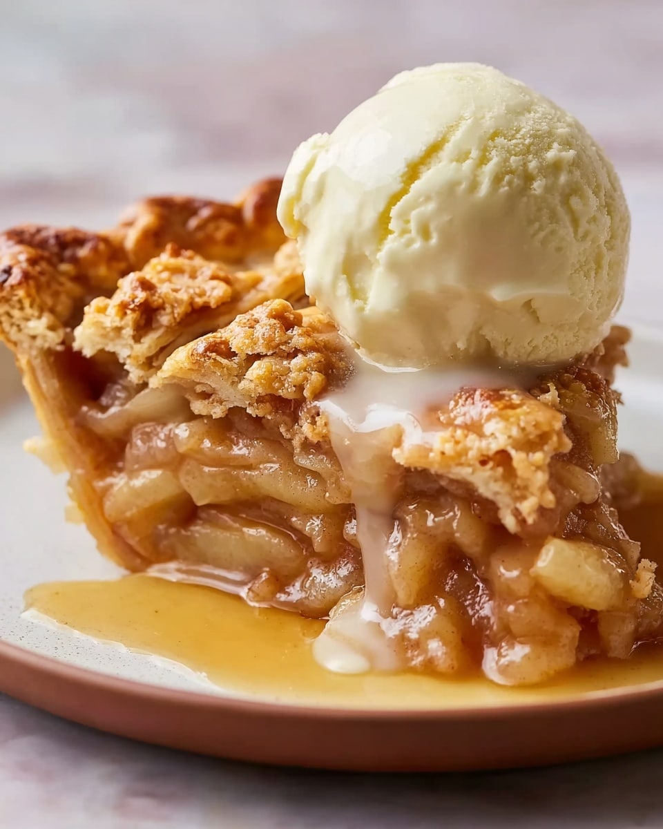 A close-up of one thick square piece of apple pie with a golden brown, crumbly crust as the top layer, showing juicy, soft apple slices coated in a shiny, caramel-colored sauce as the middle layer and a crisp flaky crust as the base layer. On top of the pie, there is a large, round scoop of creamy white vanilla ice cream slowly melting and dripping down the sides of the warm pie. The pie sits on a white plate with a subtle speckled pattern, placed on a white marbled surface. photo taken with an iphone --ar 4:5 --v 7