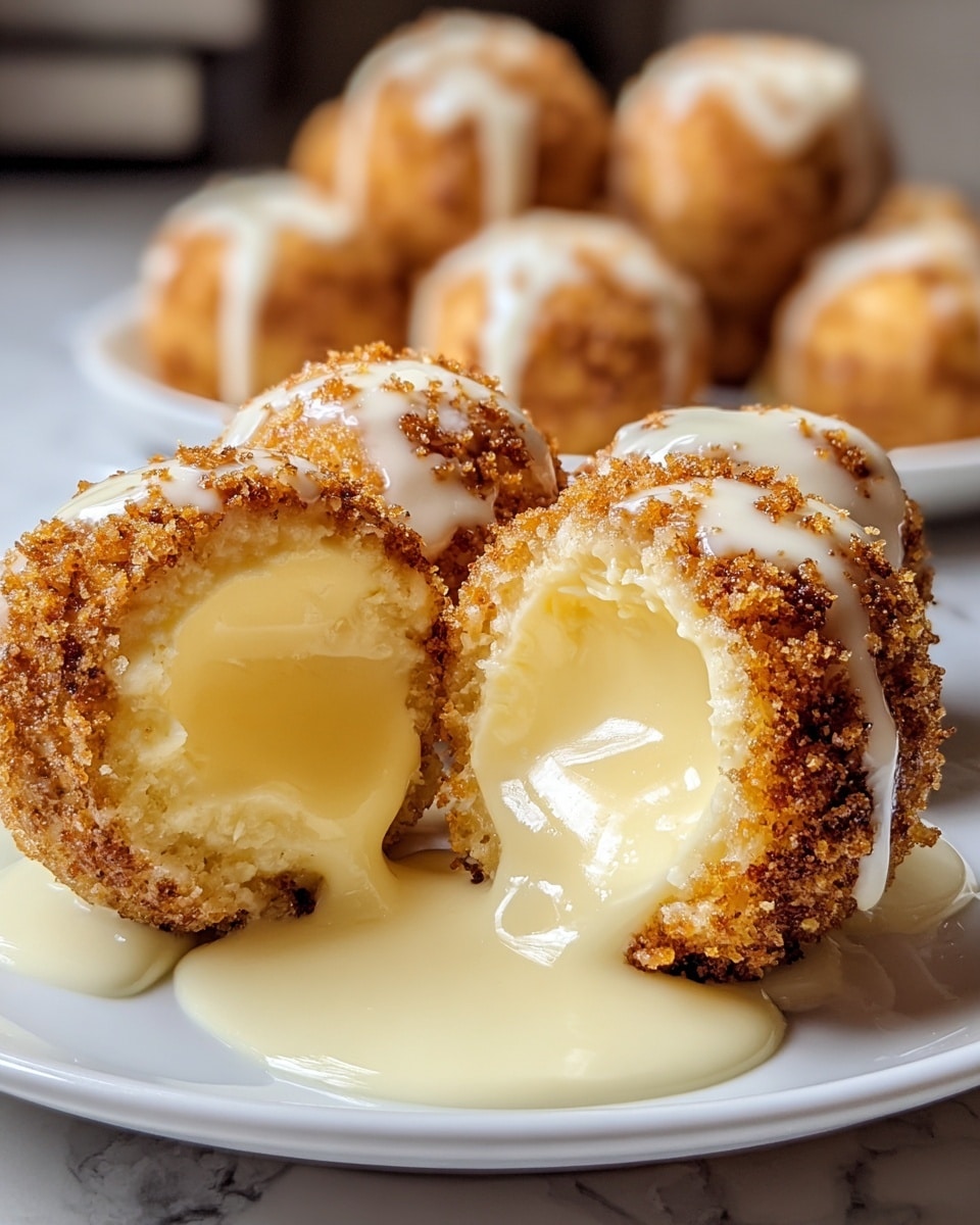 A close-up view of round dessert balls arranged closely on a white plate with a white marbled texture underneath. Each ball has one outer crunchy layer that is golden brown and crumbly in texture. The inside layer is creamy and smooth, pale yellow in color, with a rich, thick filling that oozes slightly out of the broken open ball in the front center. A drizzle of creamy white sauce covers parts of the top and sides of the dessert balls, adding a glossy texture. The background is blurred, focusing attention on the front dessert balls. Photo taken with an iphone --ar 4:5 --v 7