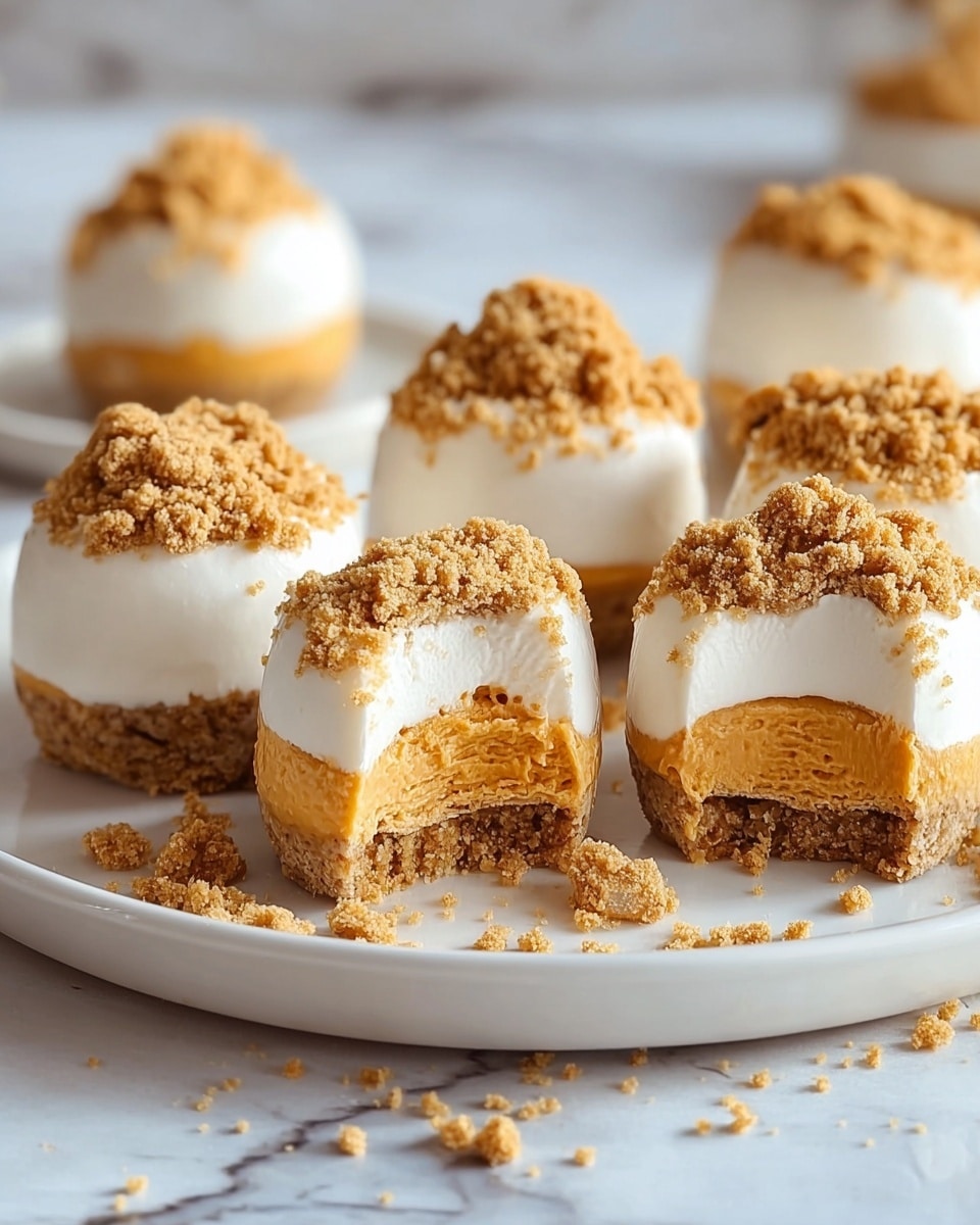 The image shows six round dessert balls arranged on a white plate set on a white marbled surface. Each ball has a crumbly brown base layer. Above this is a thick white layer with a smooth texture that covers most of the ball's surface. The top third of each ball is coated in crumbly brown crumbs that look soft and slightly rough. Two balls in the front are cut open to reveal an inner layer of creamy, light brown filling. Crumbs are scattered around the plate, adding detail and texture to the scene. The overall look is clean, inviting, and focused on the contrast between the white, light brown, and crumbly textures. photo taken with an iphone --ar 4:5 --v 7