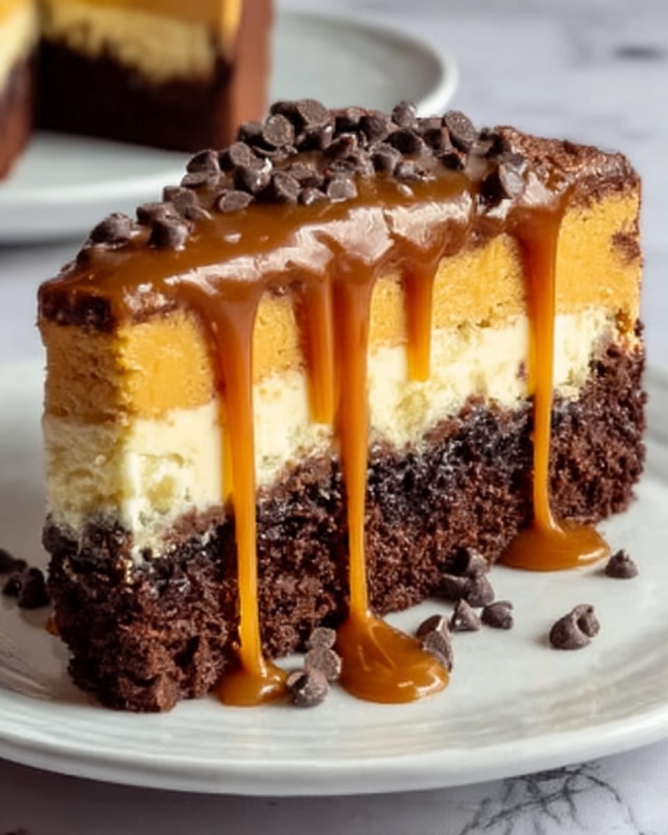 A slice of dessert with three layers sits on a white plate on a white marbled table. The bottom layer is dark brown and looks like a dense chocolate cake. The middle layer is thick and light brown, soft and smooth like caramel cheesecake. The top layer is shiny caramel sauce that flows down the sides in thick drips. Small pieces of chocolate chips are scattered on top of the caramel layer. In the background, part of the whole dessert is visible. Photo taken with an iphone --ar 4:5 --v 7