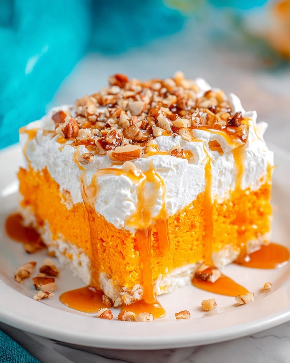 A square piece of dessert sits on a white plate with subtle wavy edges. The dessert has three visible layers: the bottom layer is a dense, bright orange cake with a moist texture; the middle layer is thick and white, resembling whipped cream or frosting, and evenly spread over the cake; the top layer is a glossy, caramel-colored sauce drizzled unevenly, creating a shiny effect. Crushed nuts with brown and beige tones are sprinkled generously on top, adding texture contrast. The caramel sauce also drips slightly down the sides of the dessert, blending with the nuts. The plate rests on a white marbled surface, and a turquoise cloth is softly blurred in the background. photo taken with an iphone --ar 4:5 --v 7