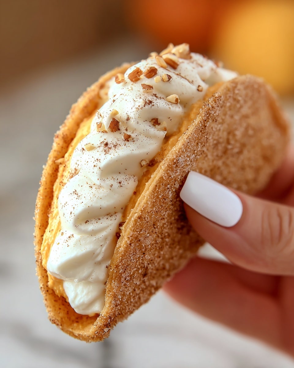 A close-up image of a small taco-shaped dessert held by a woman's hand with long, pale nail polish, against a blurry white marbled background. The dessert has three visible layers: the outer shell is a light golden-brown, textured with sugar crystals and cinnamon specks, folded to create the taco shape; inside the shell, the bottom layer is a smooth, soft orange cream with some light speckling; above it is a thick, fluffy white cream sprinkled with small nut pieces and a dusting of cinnamon powder. Photo taken with an iphone --ar 4:5 --v 7