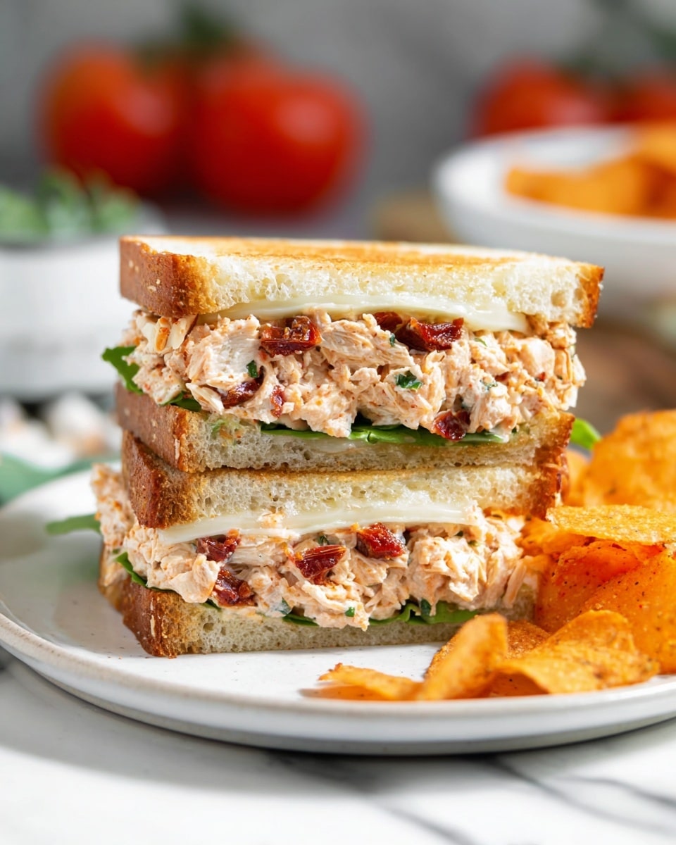 A close-up of a two-layer sandwich stacked on a white plate with orange chips scattered around. The sandwich has thick toasted bread slices with a golden-brown crust on the top and bottom. Inside each layer, there is a creamy white cheese slice on top of a chunky mixture of tuna salad with visible green herbs and red bits of sun-dried tomatoes. Under the tuna salad in the bottom layer, some fresh green lettuce is visible. The surface under the plate is a white marbled texture, and in the blurred background, there are red cherry tomatoes and a white bowl of chips. Photo taken with an iphone --ar 4:5 --v 7