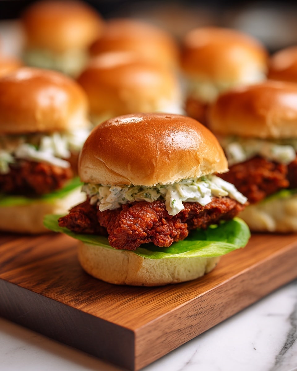 A close-up of a small sandwich on a white soft bun with three layers: a bright green leaf of lettuce on the bottom, a crispy dark reddish-brown fried chicken fillet in the middle, and a creamy white coleslaw with bits of cabbage on top, all held together by a shiny golden-brown bun top. The sandwich is placed on a wooden board with several similar sandwiches blurred in the background, all set on a white marbled surface. photo taken with an iphone --ar 4:5 --v 7