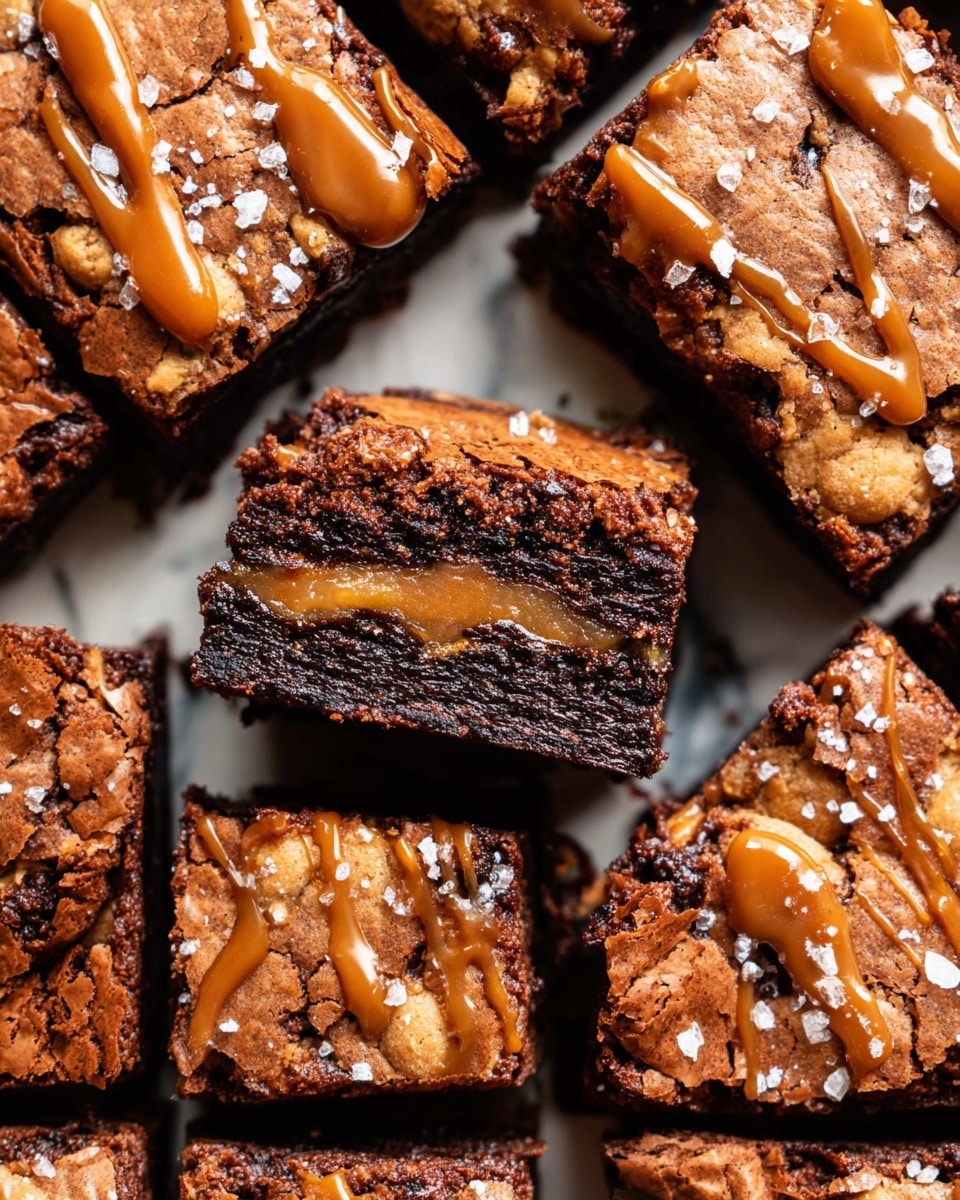 A square brownie cut into 15 pieces, each showing a top layer of light brown cookie dough with a drizzled caramel sauce and small salt flakes. The middle layer is thick, dark, and gooey chocolate brownie, while the center of one piece reveals a soft, caramel-colored filling layer in the middle. The surface beneath the brownies is a white marbled texture. photo taken with an iphone --ar 4:5 --v 7
