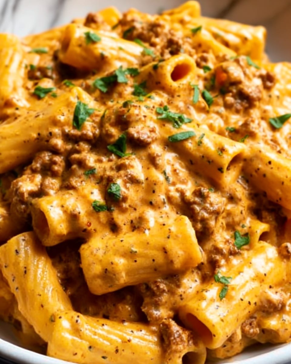 The image shows a close-up of creamy penne pasta covered in a rich, thick sauce that is light orange with visible black pepper specks and small pieces of brown ground beef mixed throughout. Fresh green parsley leaves are sprinkled on top, adding a fresh pop of color. The pasta is well-coated with the sauce, and the texture looks smooth and slightly glossy. The dish is presented on a white plate against a white marbled surface. Photo taken with an iphone --ar 4:5 --v 7
