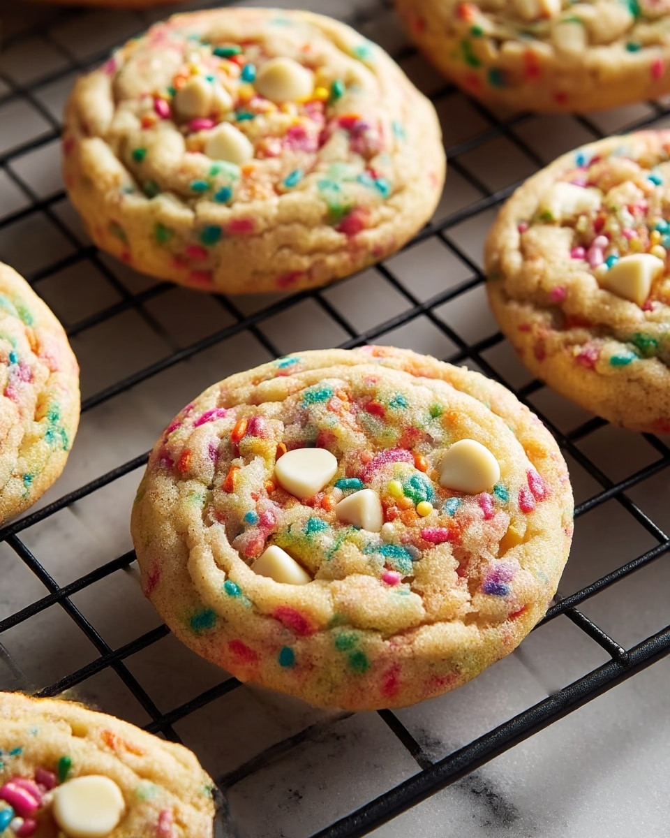 The image shows four round cookies on a black wire cooling rack set against a white marbled texture. Each cookie is light golden-brown with a slightly soft, chewy texture visible from the surface, dotted with colorful rainbow sprinkles scattered throughout the dough. There are also three to four white chocolate chunks on the top layer of each cookie, giving a contrast in color and texture. The cookies have a slightly raised, uneven edge and look freshly baked with a soft, inviting appearance. photo taken with an iphone --ar 4:5 --v 7