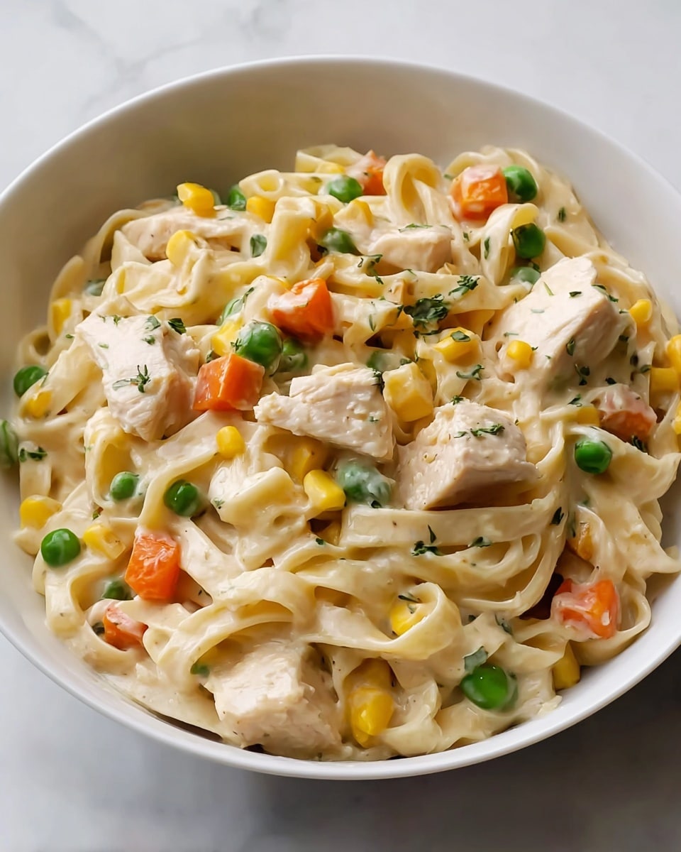 A bowl filled with creamy pasta showing three main layers: the base is soft, flat fettuccine noodles with a smooth creamy white sauce, scattered evenly with small bright orange carrot cubes, vibrant green peas, and yellow corn kernels. Chunky pieces of cooked white chicken are mixed throughout, lightly coated by the sauce which has a rich, glossy texture, and small green herb specks are spread across the dish. The bowl is white and sits on a white marbled surface cloth visible in the background. photo taken with an iphone --ar 4:5 --v 7