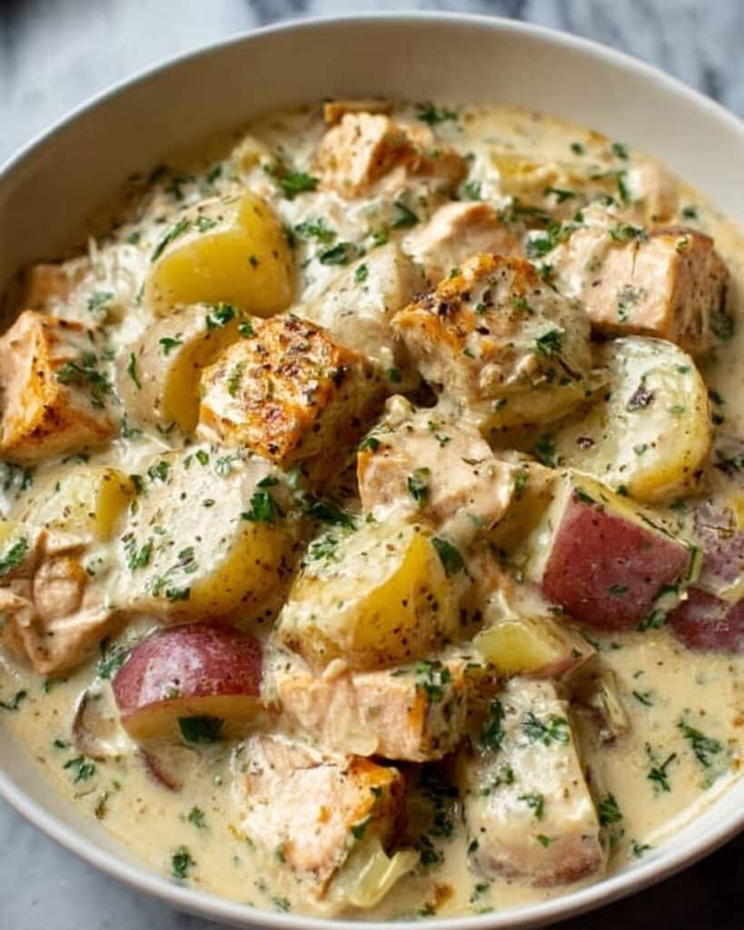 High-Protein Creamy Garlic Cheesy Chicken & Potatoes Recipe