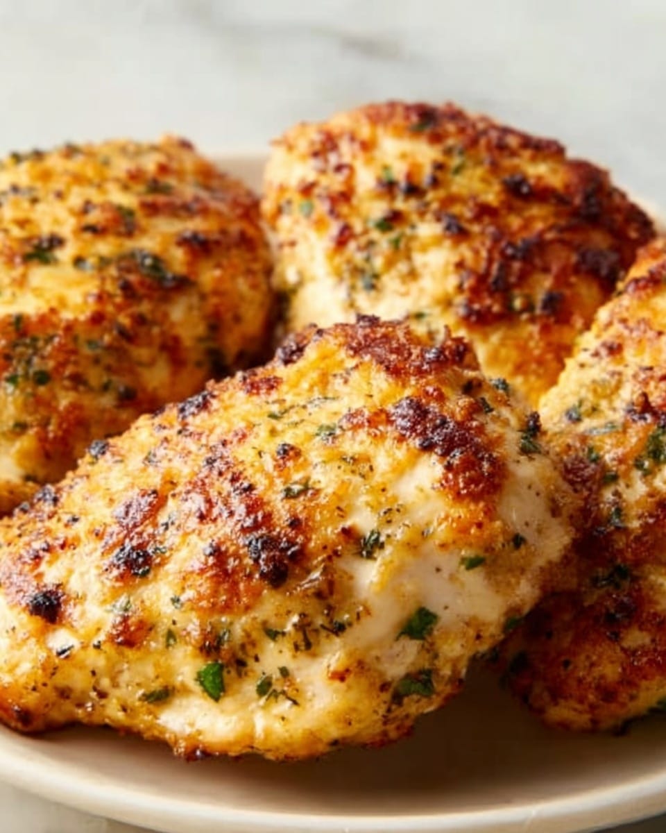 The image shows three cooked chicken breasts on a white plate with a white marbled surface underneath. The chicken breasts have a golden-brown, slightly crispy crust with small green herb bits and a light seasoning of black and red spices scattered across the surface. The texture is rough and grilled with visible browning in certain spots, giving a fresh, warm look to the dish. Photo taken with an iphone --ar 4:5 --v 7