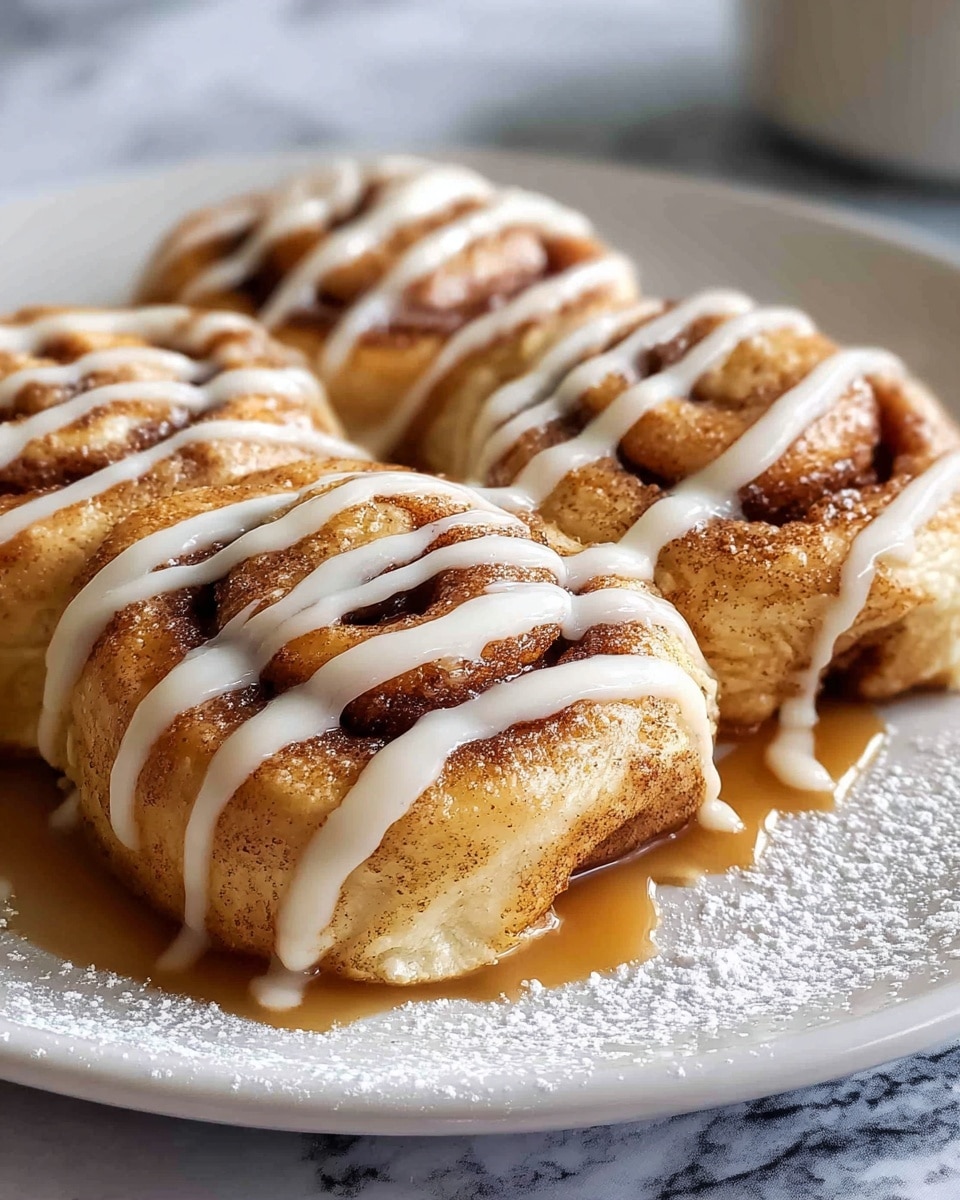 The image shows four cinnamon rolls placed closely on a large white plate. Each roll has a golden-brown outer layer, with visible swirls of cinnamon inside. They are topped with thin drizzles of smooth white icing that run across each roll horizontally. Around the rolls and on parts of the plate, there is a dusting of white powdered sugar. A pool of light brown syrup is spread beneath the rolls, adding shine and moisture to the presentation. The surface under the plate is a white marbled texture. Photo taken with an iphone --ar 4:5 --v 7