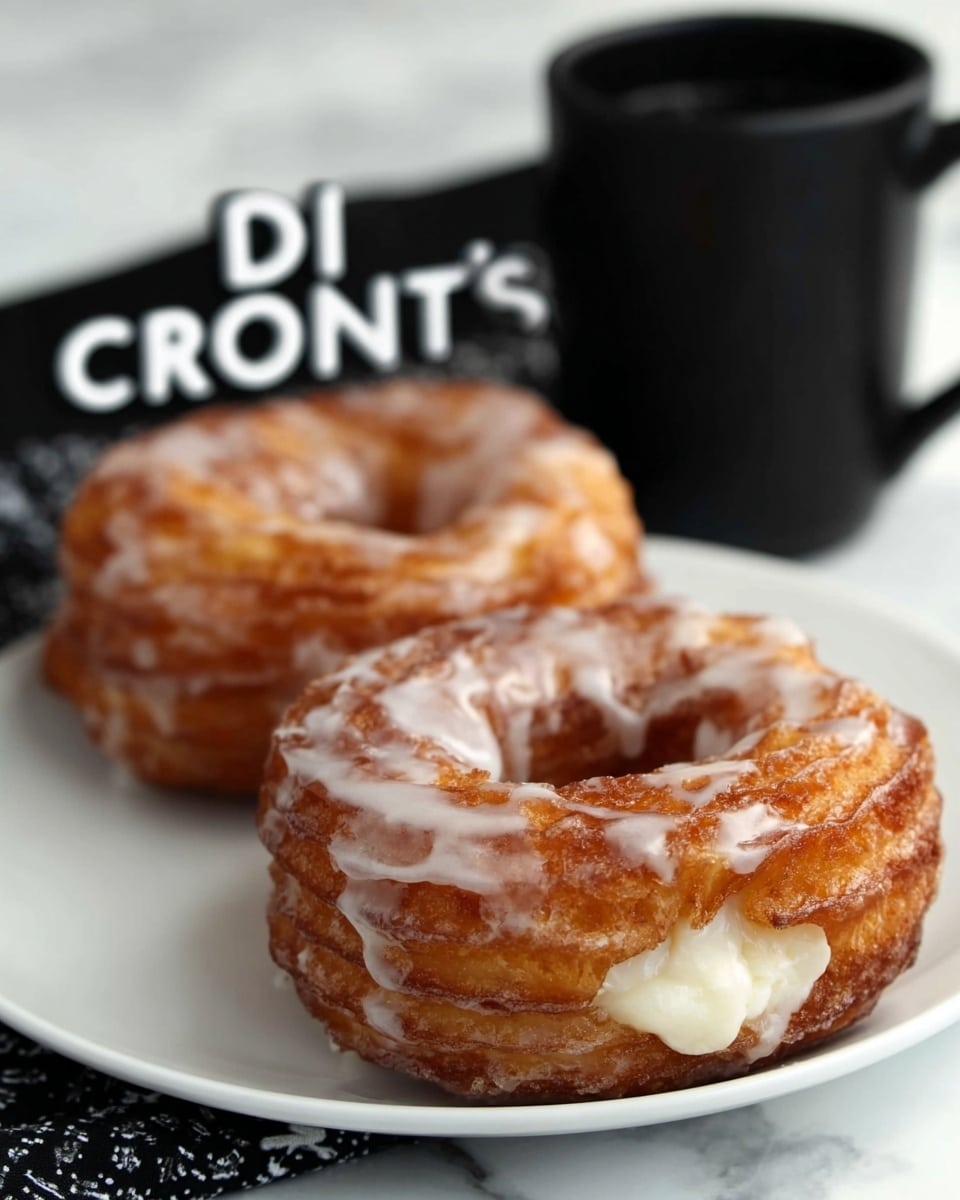 The image shows two cronut pastries on a white plate with a black towel with white pattern behind them. The cronuts have a golden-brown layered dough texture, each with visible layers stacked tightly, covered with a shiny, white glaze that drips slightly over the edges. One cronut is slightly in front with a white creamy filling oozing out from the middle layer, while the other is positioned behind it with the same glaze and textured dough layers. A black mug sits blurred in the background on a white marbled surface. Photo taken with an iphone --ar 4:5 --v 7