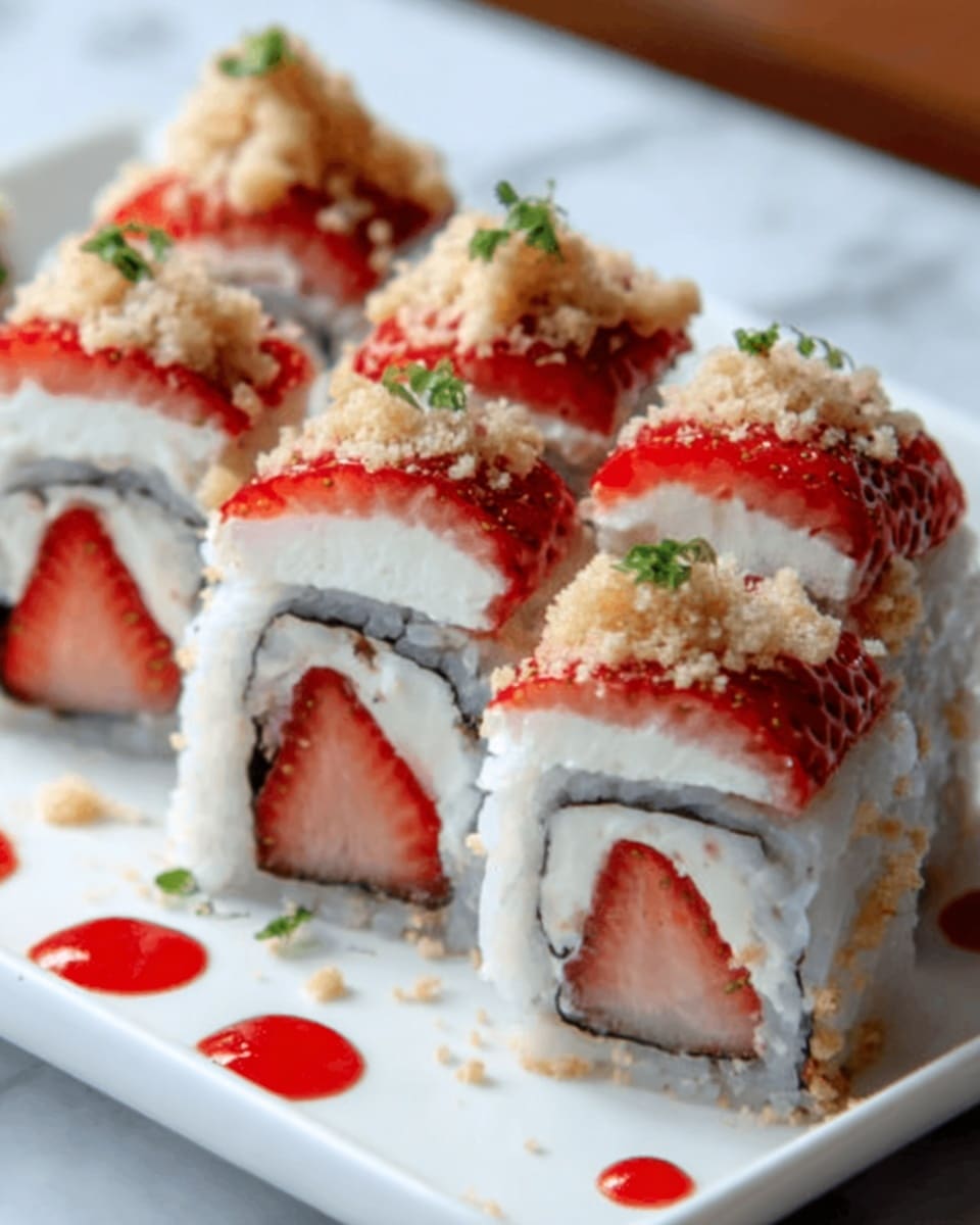 The image shows a white rectangular plate with six sushi rolls arranged in two rows of three. Each roll has a white rice outer layer, wrapped around a black seaweed layer, with a whole red strawberry and a white creamy filling visible inside. On top of each roll, there is a bright red strawberry slice and a light brown crumbly topping. Small drops of red sauce are scattered on the plate around the sushi rolls. The background surface is white with a marbled texture. photo taken with an iphone --ar 4:5 --v 7