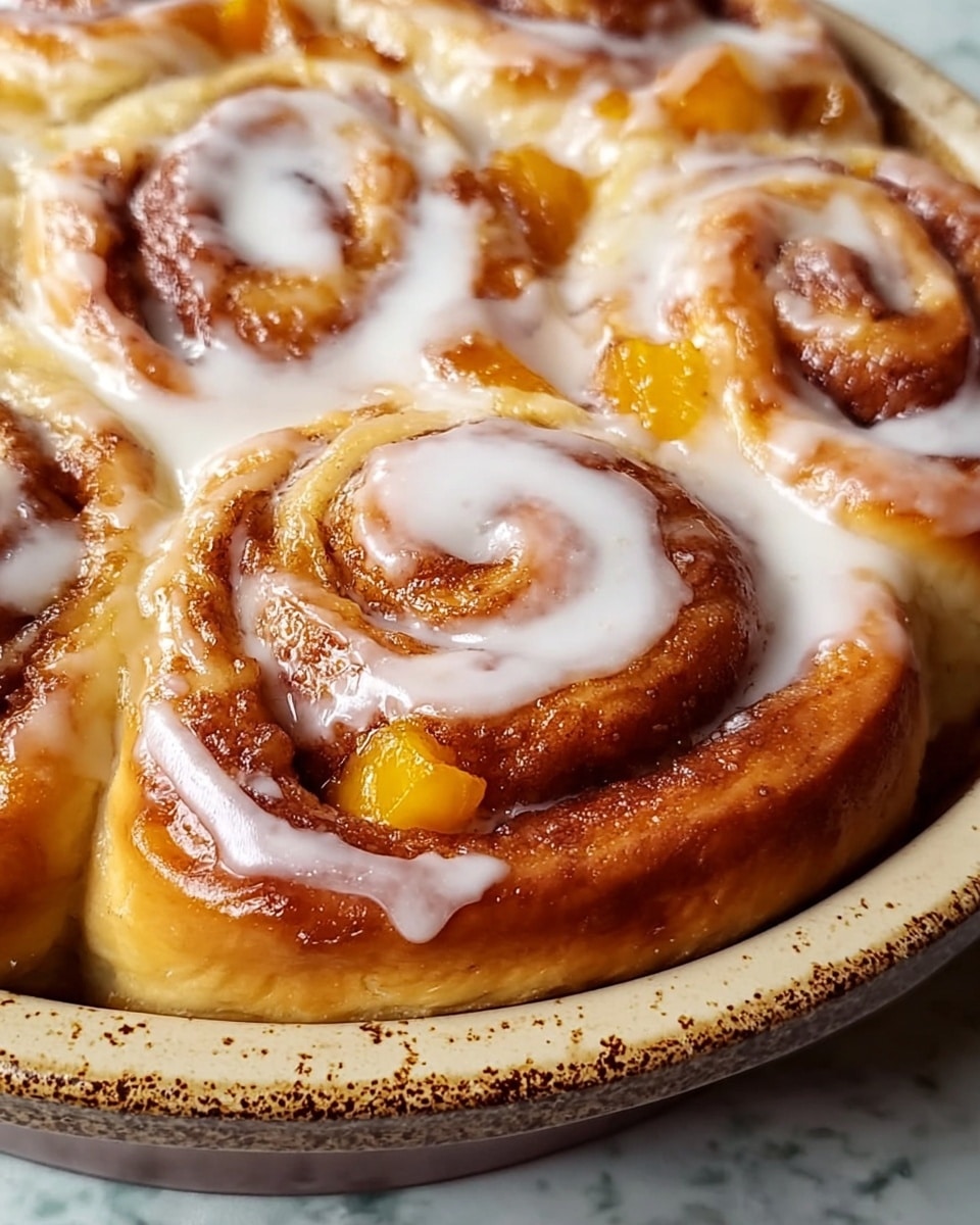 The image shows a close-up of swirled cinnamon rolls with three main layers: the base dough, golden-brown and soft; the middle filling layer with cinnamon and chunks of bright orange fruit, mostly peaches; and the top layer of glossy white icing swirled over the rolls in a thick, smooth line. The cinnamon rolls are packed together in a round baking dish that is white with brown speckles. The background is a white marbled surface. photo taken with an iphone --ar 4:5 --v 7