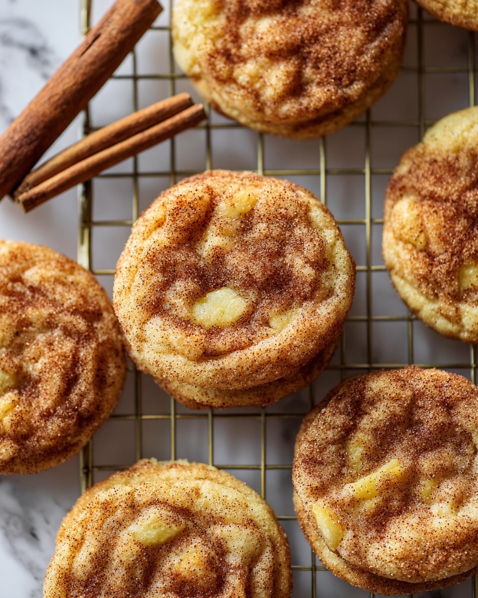 The image shows several round, soft-looking cookies on a silver wire cooling rack placed over a white marbled surface. Each cookie has a golden-brown color with a slightly wrinkled texture, speckled generously with a layer of cinnamon sugar on top. The cookies appear to have small bits of light yellow fruit, likely apple pieces, embedded within the dough. Two cinnamon sticks rest on the surface beside the cookies, adding to the warm, cozy feel of the scene. The image is close-up and focuses on the cookies' texture and cinnamon topping. photo taken with an iphone --ar 4:5 --v 7