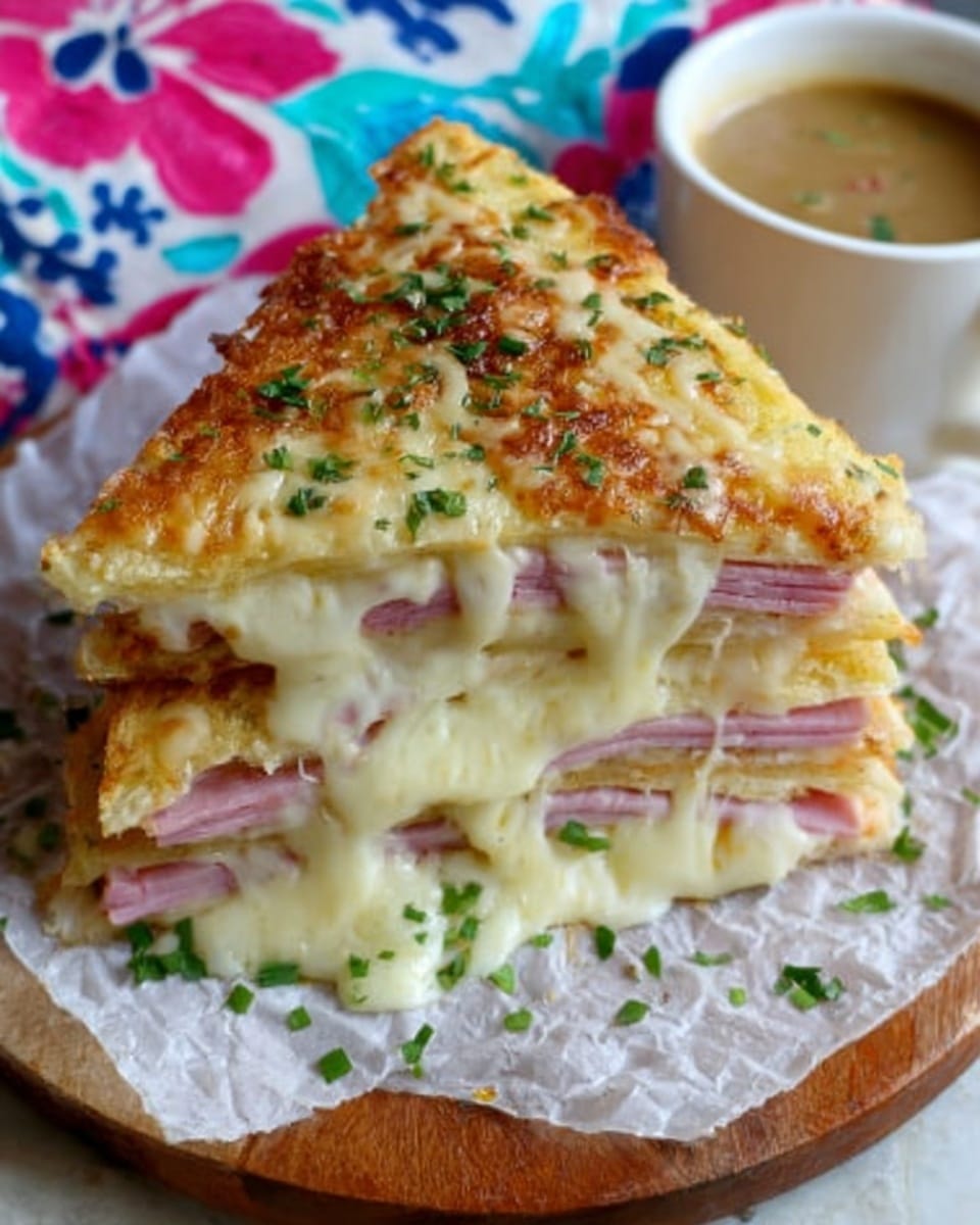 A stack of three thick triangular sandwich layers is shown, each layer filled with melted white cheese and thin slices of pink ham. The top layer has a browned, crispy melted cheese crust with small green herb sprinkles. The sandwich sits on white parchment paper on a round wooden board. Finely chopped green herbs are scattered around the base. In the background, there is a white cup with light brown sauce and a colorful cloth with blue, pink, and red floral patterns. Photo taken with an iphone --ar 4:5 --v 7