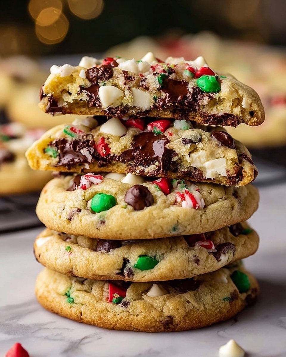 A tall stack of five round cookies sits on a white marbled surface, each cookie thick and golden-brown with a soft, slightly crumbly texture. The cookies are filled and topped with a mix of melted dark chocolate chips, white chocolate chunks, and small red and green candy pieces that add bright color spots. The top cookie is broken in half, showing a gooey dark chocolate layer inside, with the white chocolate chunks embedded within the soft cookie dough. The edges of the cookies are slightly crisp and browned. The background is softly blurred, drawing focus to the vibrant cookie stack. Photo taken with an iphone --ar 4:5 --v 7