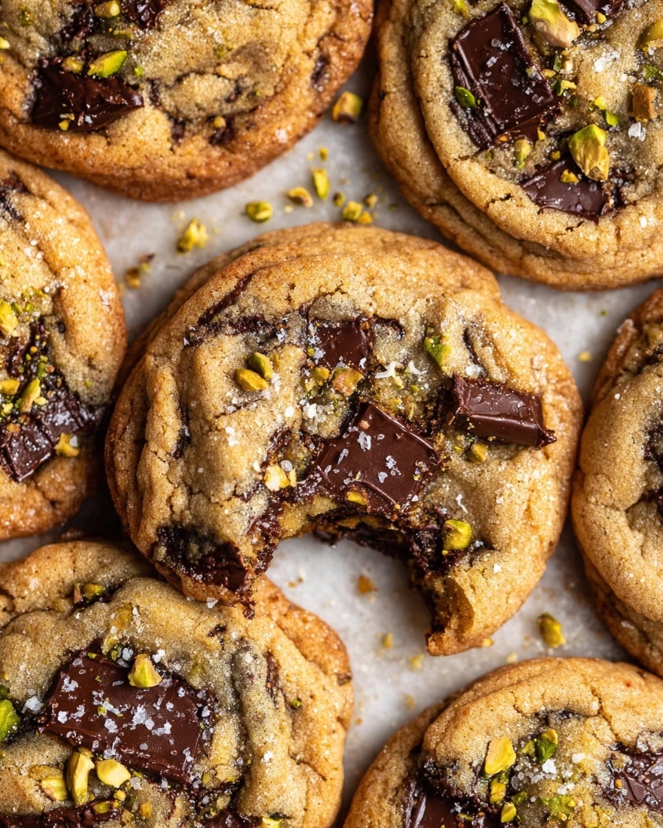 A close-up view of several chocolate chunk cookies arranged together on a white marbled texture. Each cookie has a golden-brown, slightly rough top layer with visible pieces of dark chocolate embedded throughout, some chunks melting into the dough. One cookie in the center has a bite taken out, revealing a soft, chewy inside with gooey chocolate. Small bits of crushed pistachios and a sprinkle of coarse sea salt are scattered over the surfaces, adding texture and color contrast with green and orange tones against the golden cookie. photo taken with an iphone --ar 4:5 --v 7