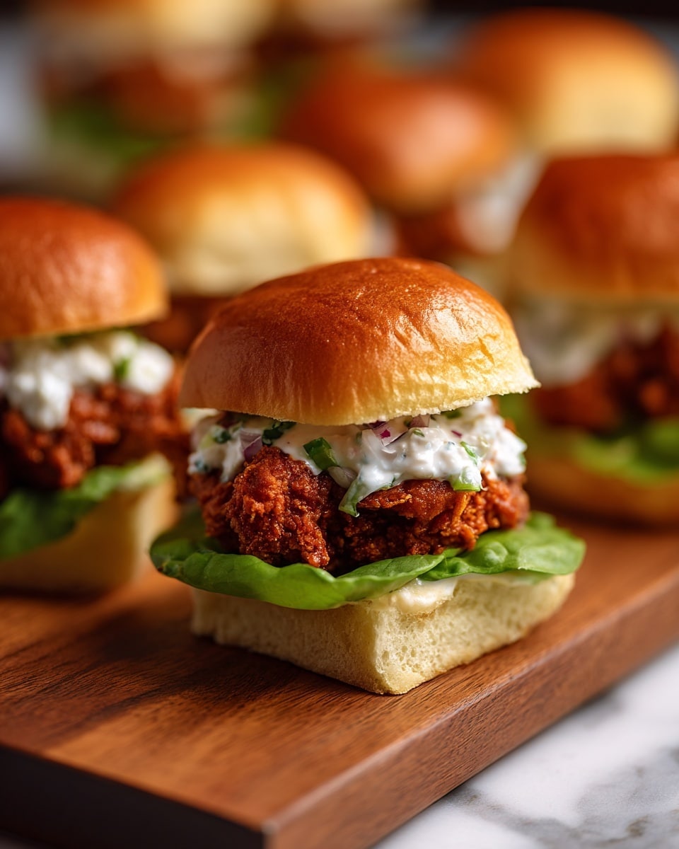 The image shows several small fried chicken sliders arranged on a wooden board over a white marbled surface. Each slider has three visible layers: a shiny, soft, golden-brown bun on top, a creamy white sauce mixed with small green and red pieces sitting on a crispy, textured reddish-brown fried chicken patty, and beneath that, a fresh green leafy lettuce layer on the bottom soft bun. The sliders are close together, with the nearest one in clear focus and the rest slightly blurred in the background. photo taken with an iphone --ar 4:5 --v 7