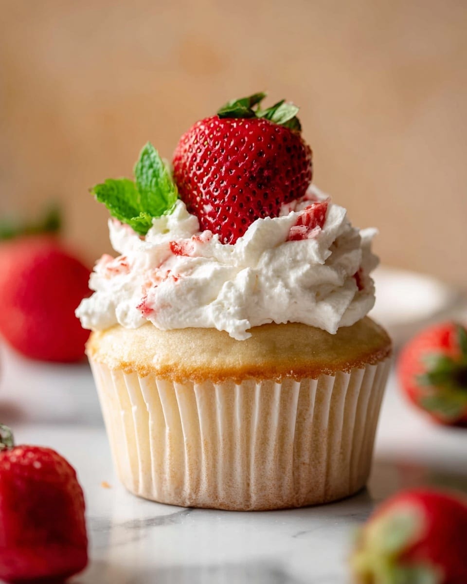 A single cupcake sits on a white marbled surface, wrapped in a light beige paper liner with subtle pleats. The cupcake base is a soft golden color, topped with a generous, fluffy layer of white whipped cream mixed with small red strawberry bits that add texture and color. On top of the whipped cream, there is a whole bright red strawberry, cut halfway to reveal its inner vibrant red flesh and tiny seeds, along with a small green mint leaf adding a fresh touch. Around the cupcake, there are a few fresh whole strawberries scattered, enhancing the fresh and fruity look. The background is softly blurred with warm tones, focusing fully on the cupcake. photo taken with an iphone --ar 4:5 --v 7