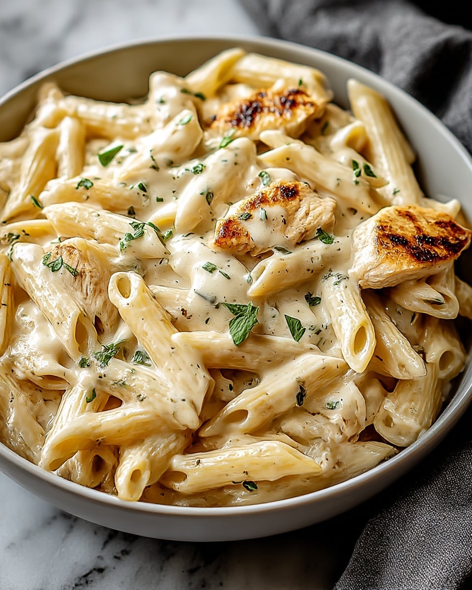 A close-up of a bowl filled with penne pasta and pieces of grilled chicken mixed in a creamy white sauce with scattered green herb bits. The pasta is pale yellow with smooth ridges, and the chicken pieces are lightly browned with some charred spots, giving a textured look. The sauce coats everything evenly, making the dish look rich and moist. Small green herb leaves are sprinkled throughout, adding a fresh contrast. The bowl is white, placed on a white marbled surface with a soft gray cloth visible on the side. photo taken with an iphone --ar 4:5 --v 7